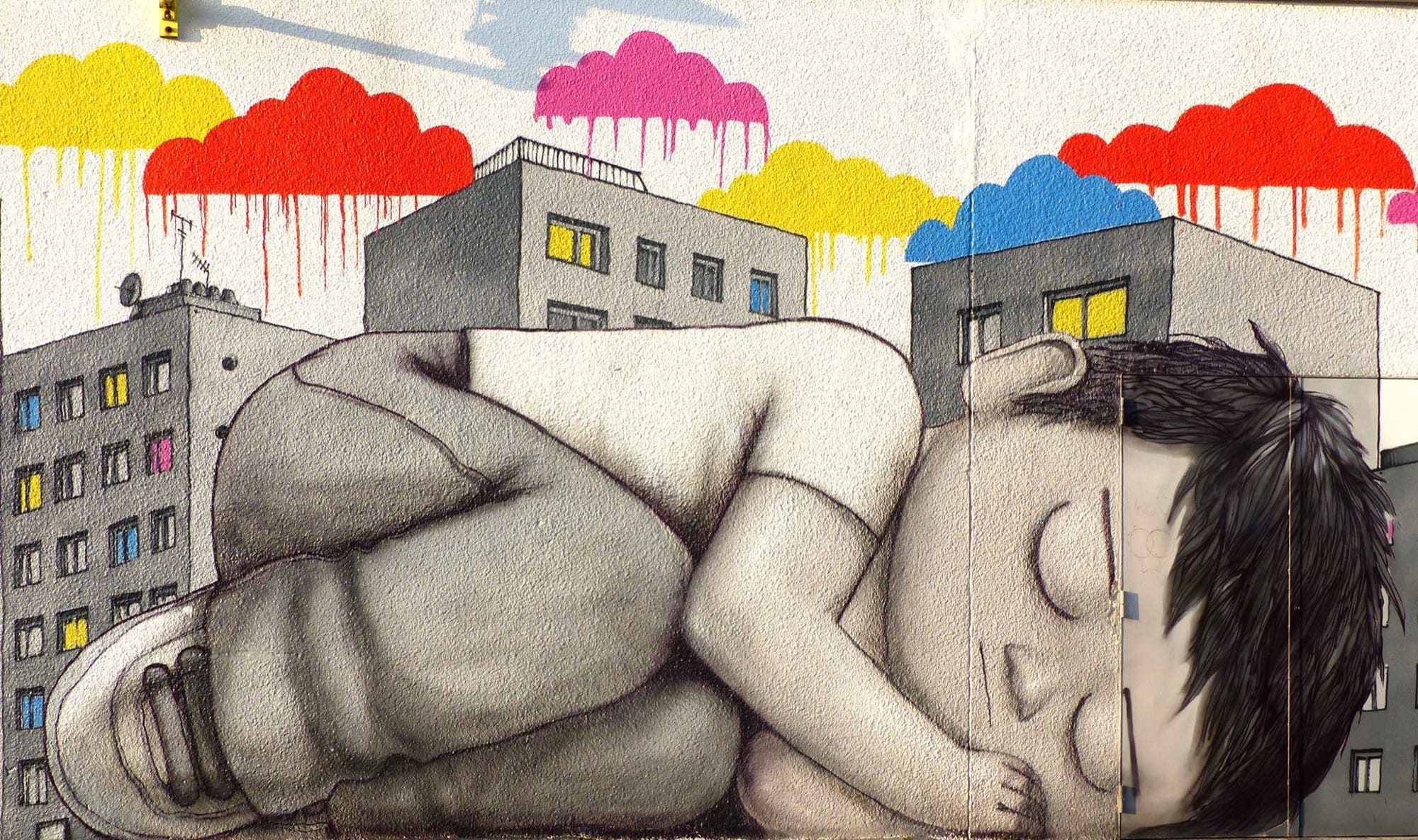 Children with colorful clouds — Street art by Seth in Fleury-les-Aubrais