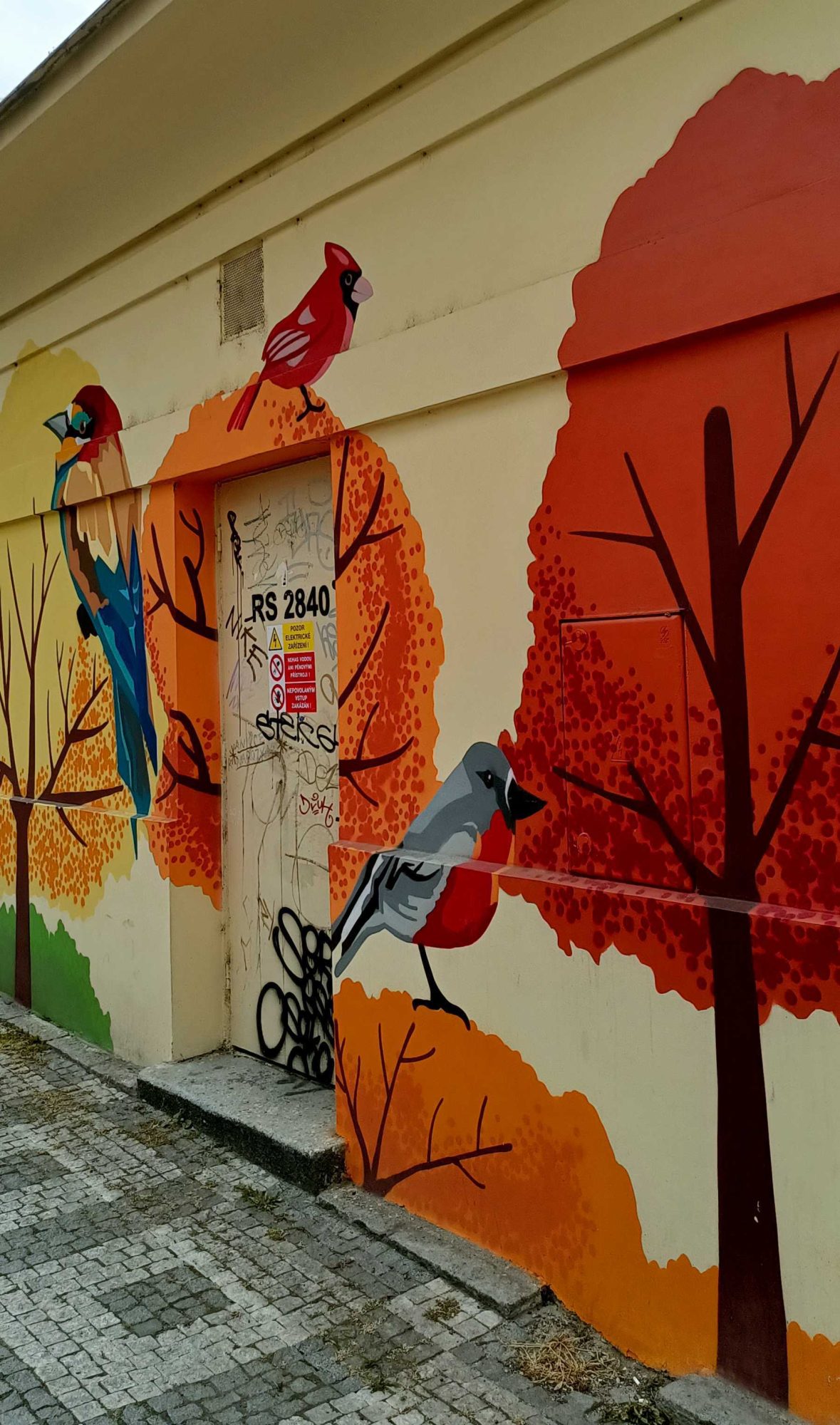 Cardinal rouge et perroquet bleu, fresque automnale — Street art à Prague