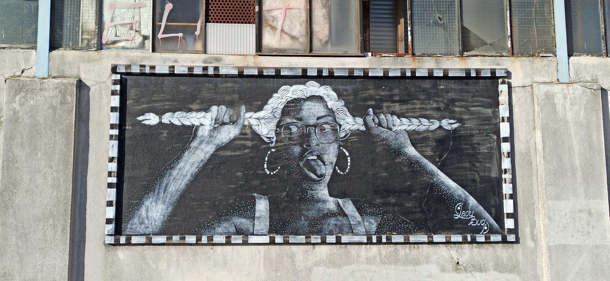 Portrait femme plumes noir-blanc — Street art de Lady bug à Nantes