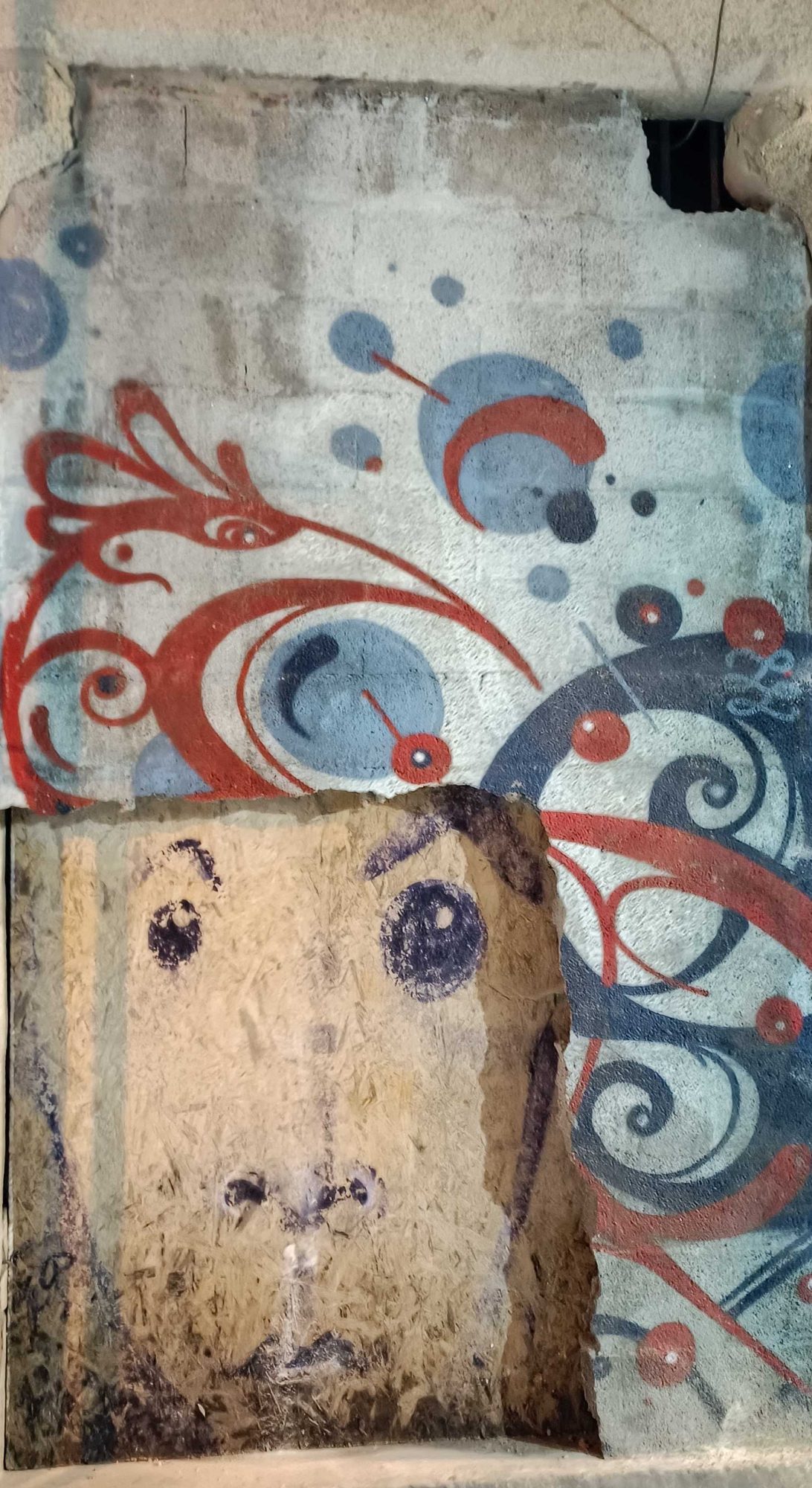 Volutes rouges et bleues au-dessus d'un visage — Street art de Nuno Costah à Porto