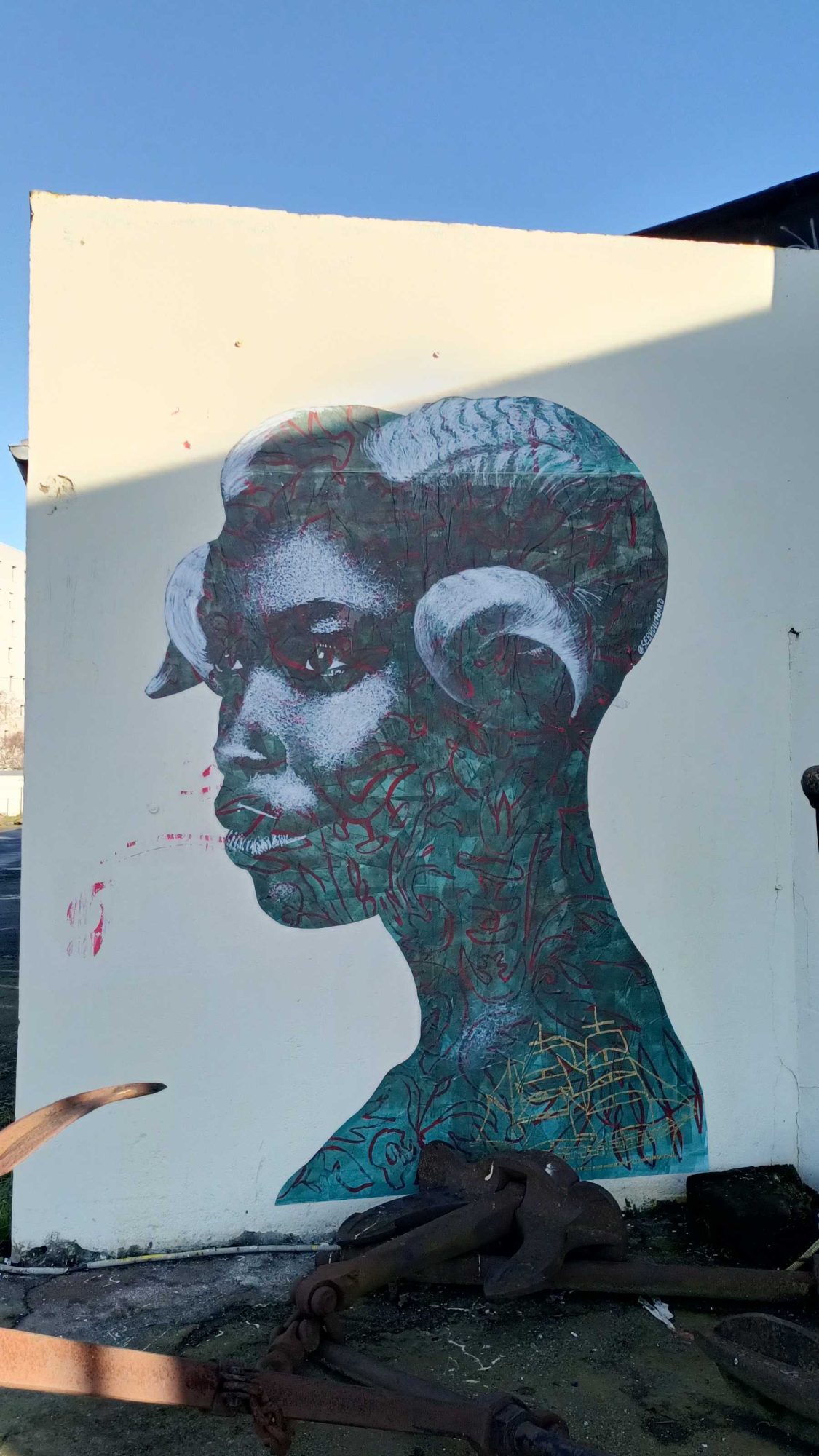Portrait en treillis bleu — Street art de Seb Bouchard à Nantes