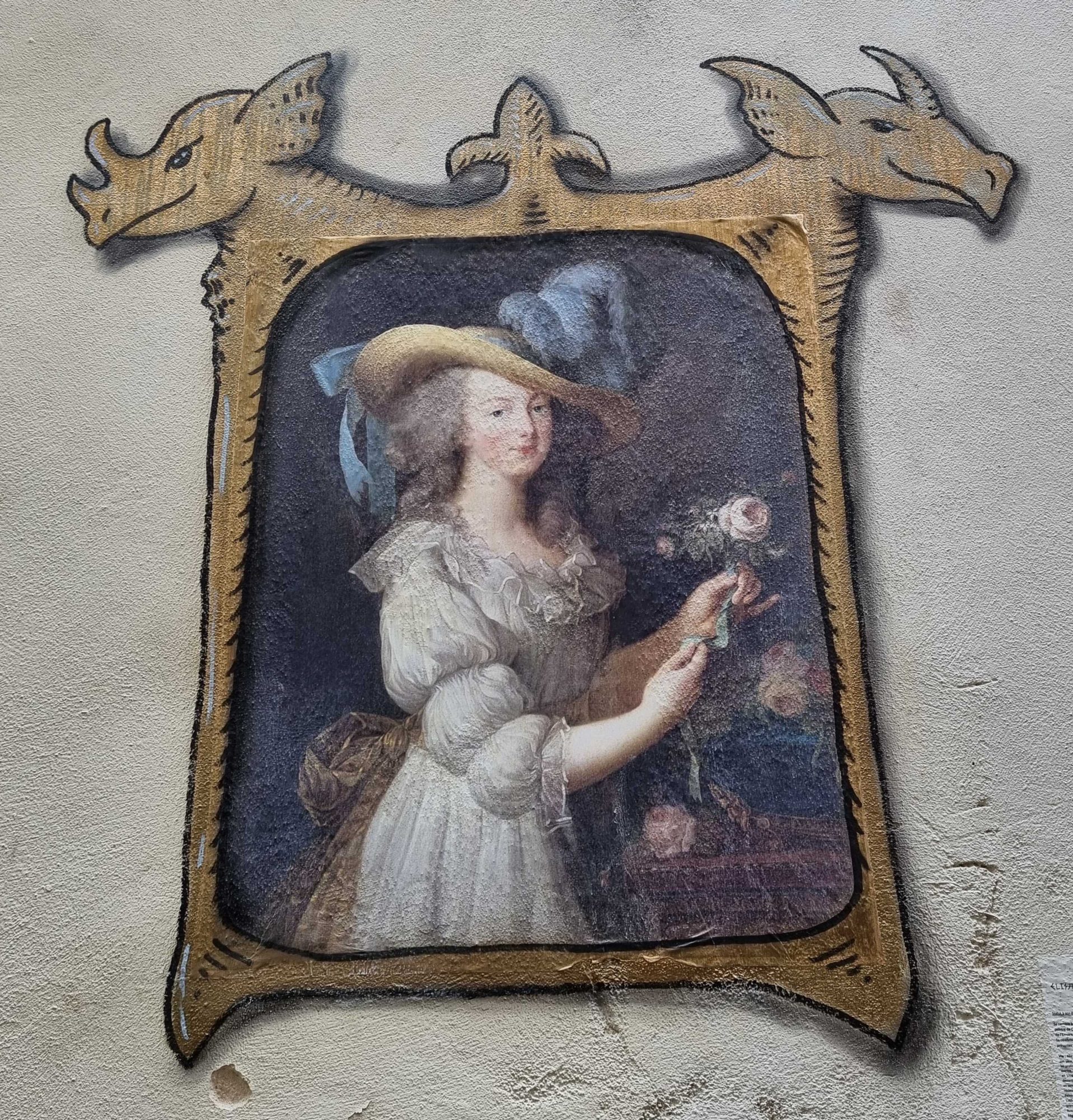 Woman with Rose in Ornate Frame — Street art by Codex Urbanus in Clermont-Ferrand