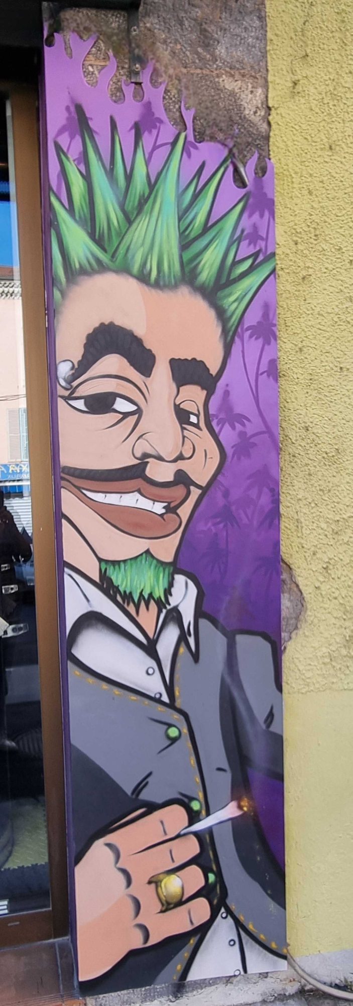 Green-Haired Man with Spiky Hair Smiling Portrait — Street art in Vizille
