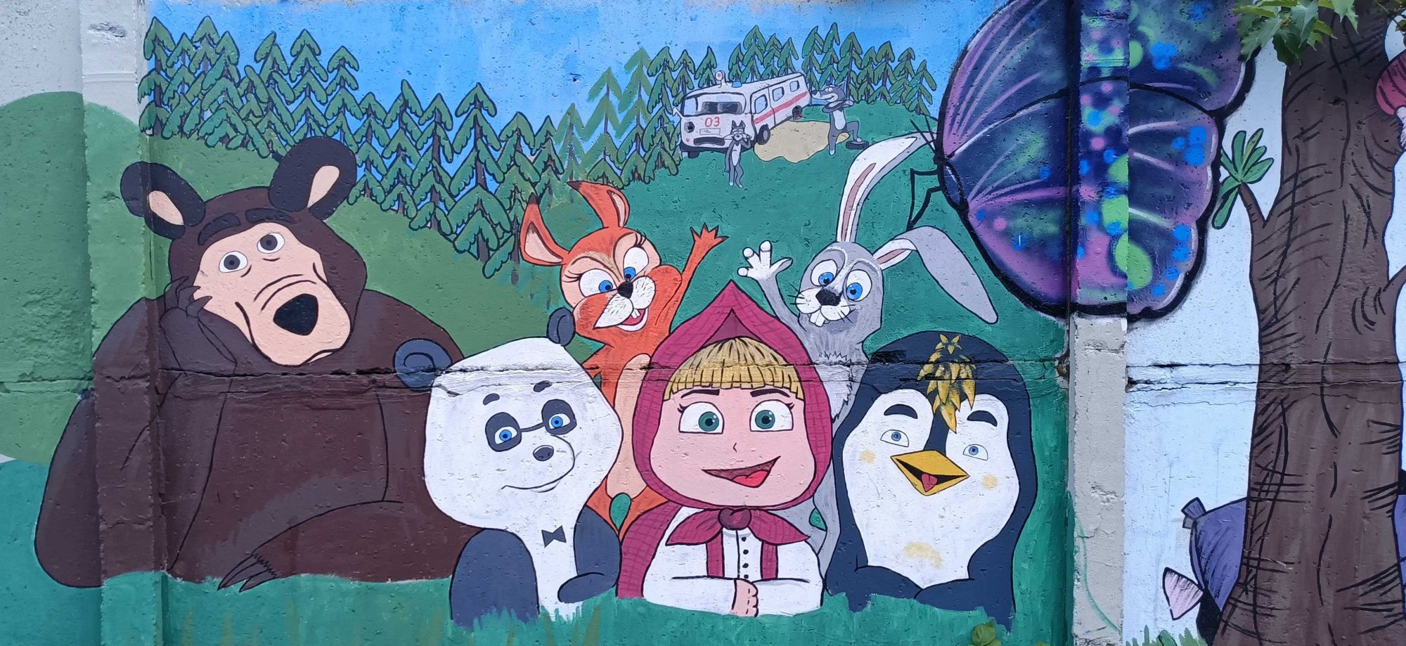Bear, Panda and Girl in a Red Headscarf — Street art in Berlin