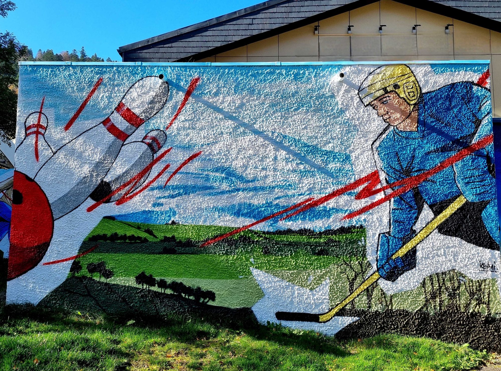 Hockey Player and Bowling Pins at Mont-Dore — Street art in Mont-Dore