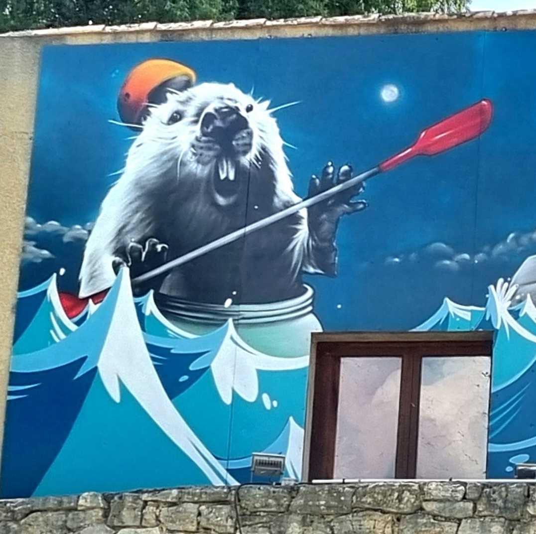 Le castor en kayak — Street art à Vallon-Pont-d'Arc
