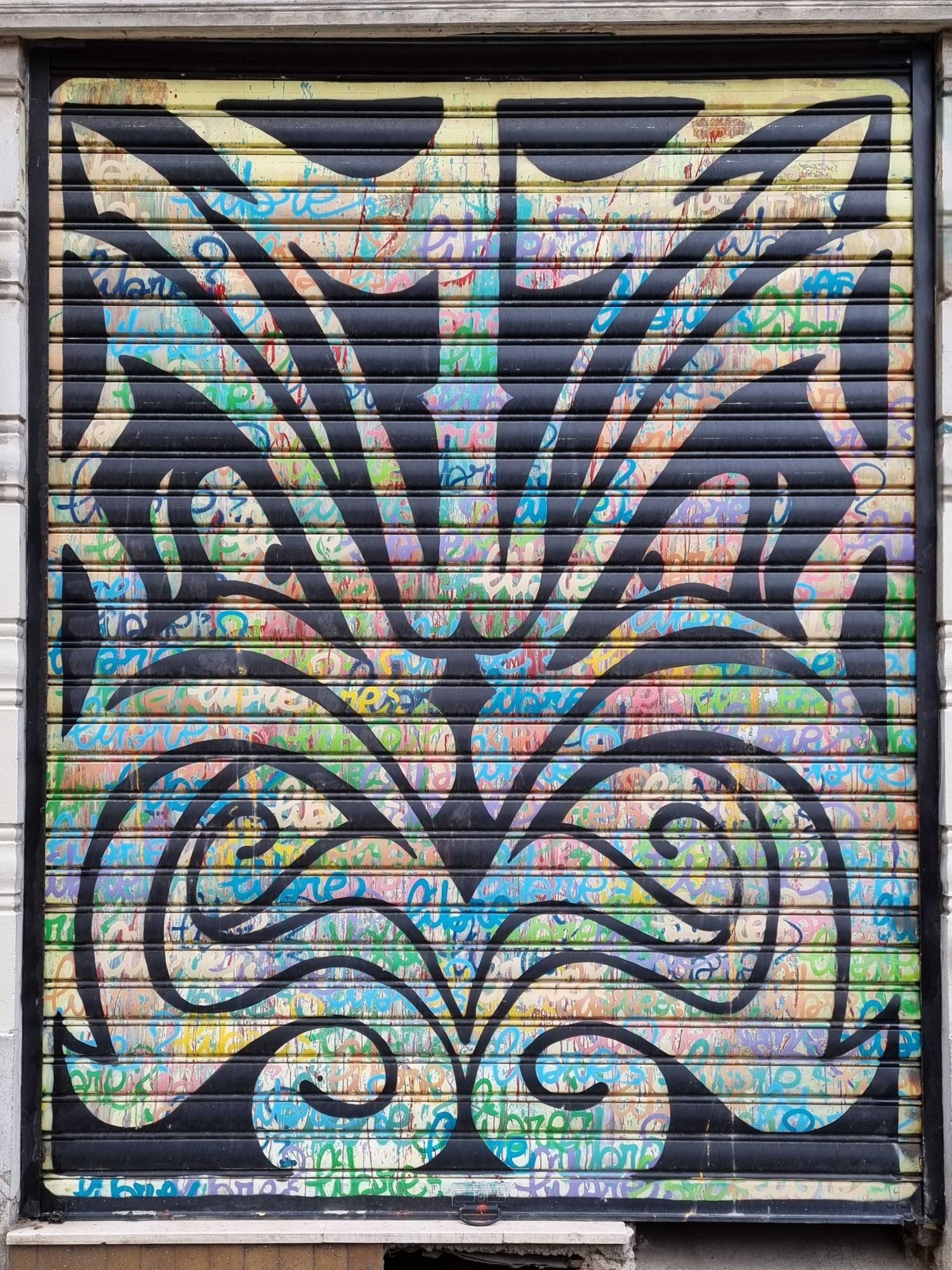 Ornate Black and Colorful Shutter — Street art in Grenoble