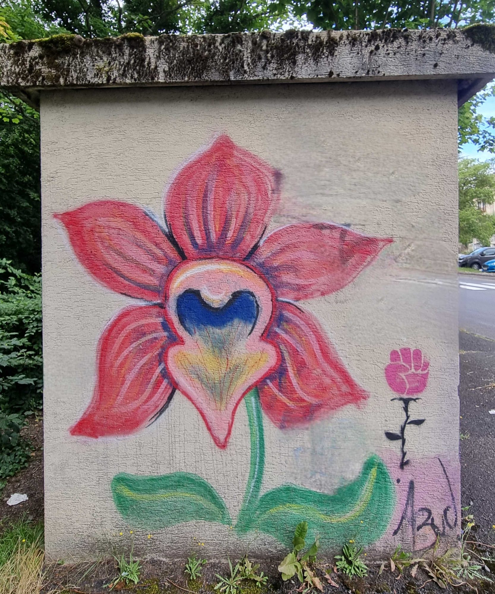Large Pink Orchid and Flower Fist in Saint-Nectaire — Street art in Saint-Nectaire