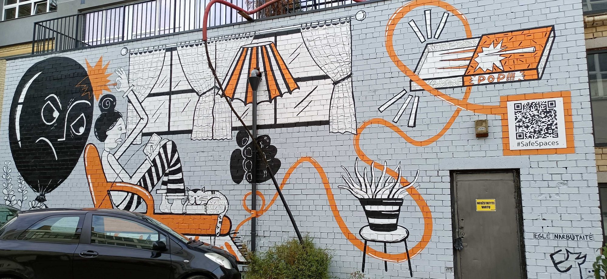 Line-Drawn Interior with QR Code — Street art by Eglė Narbutaitė in Vilnius