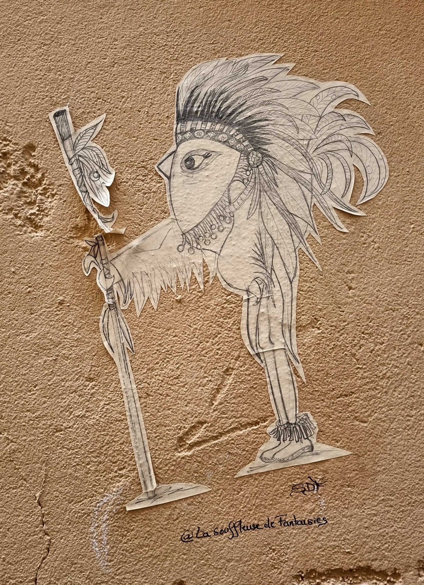 Guerrier au bâton, dessin au trait — Street art à Clermont-Ferrand