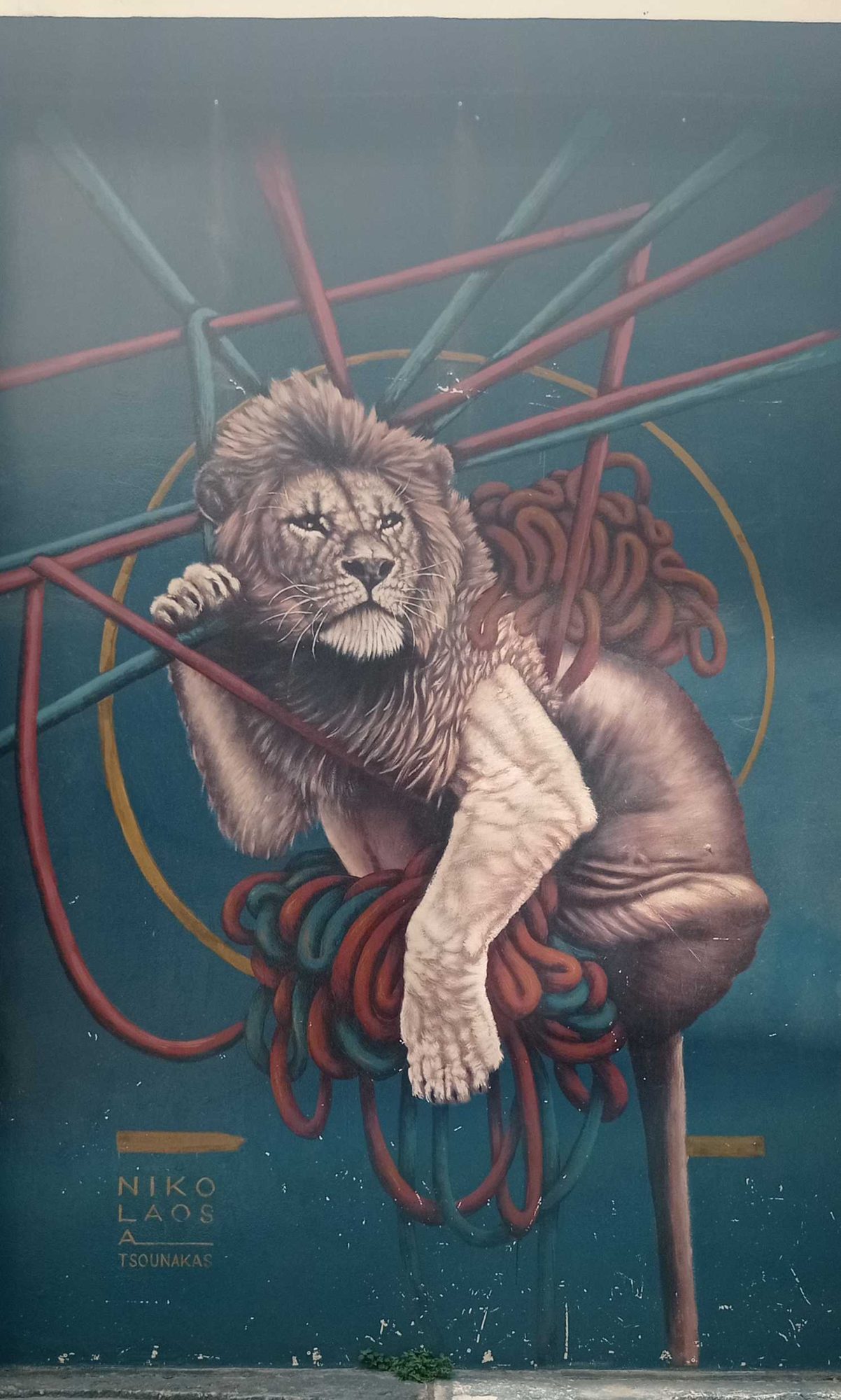 Lion on Rope Knot by Tsounakas — Street art in Athina