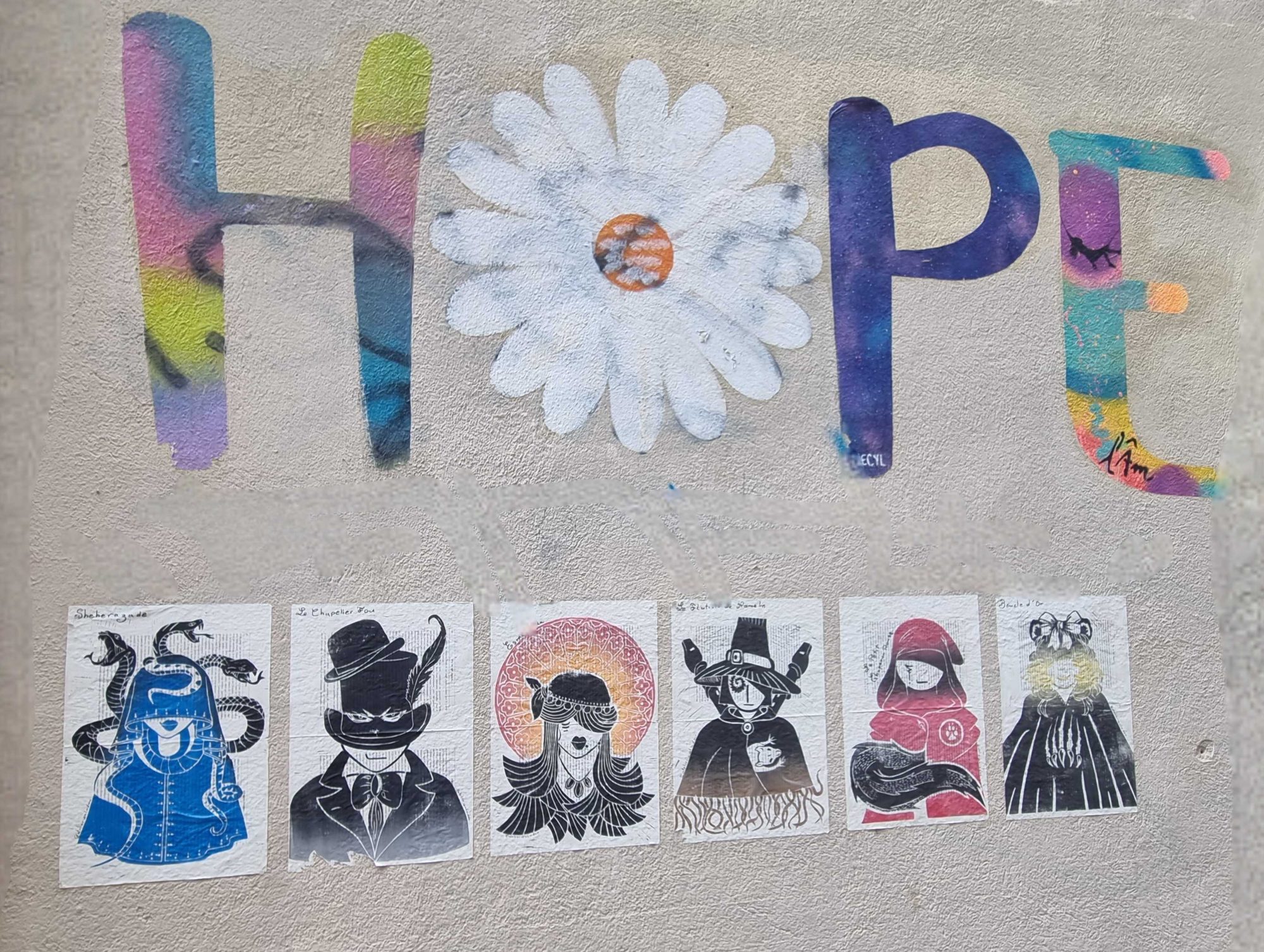 HOPE - collage de personnages et marguerite — Street art à Clermont-Ferrand