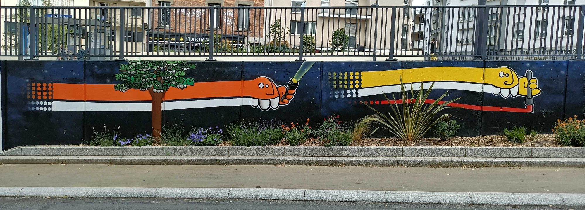Orange Snakes on Dark Background — Street art in Villejuif