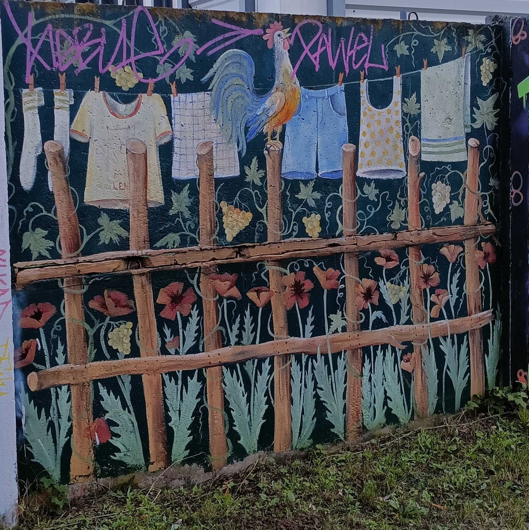 Linge et coq derrière la palissade — Street art à Berlin