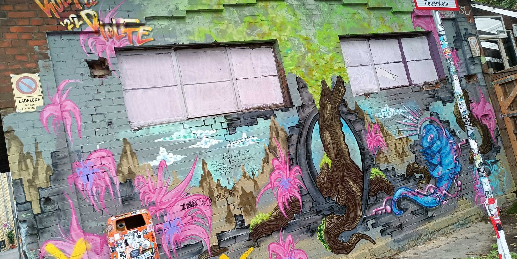 Fantastical Landscape with Pink Plants — Street art in Berlin