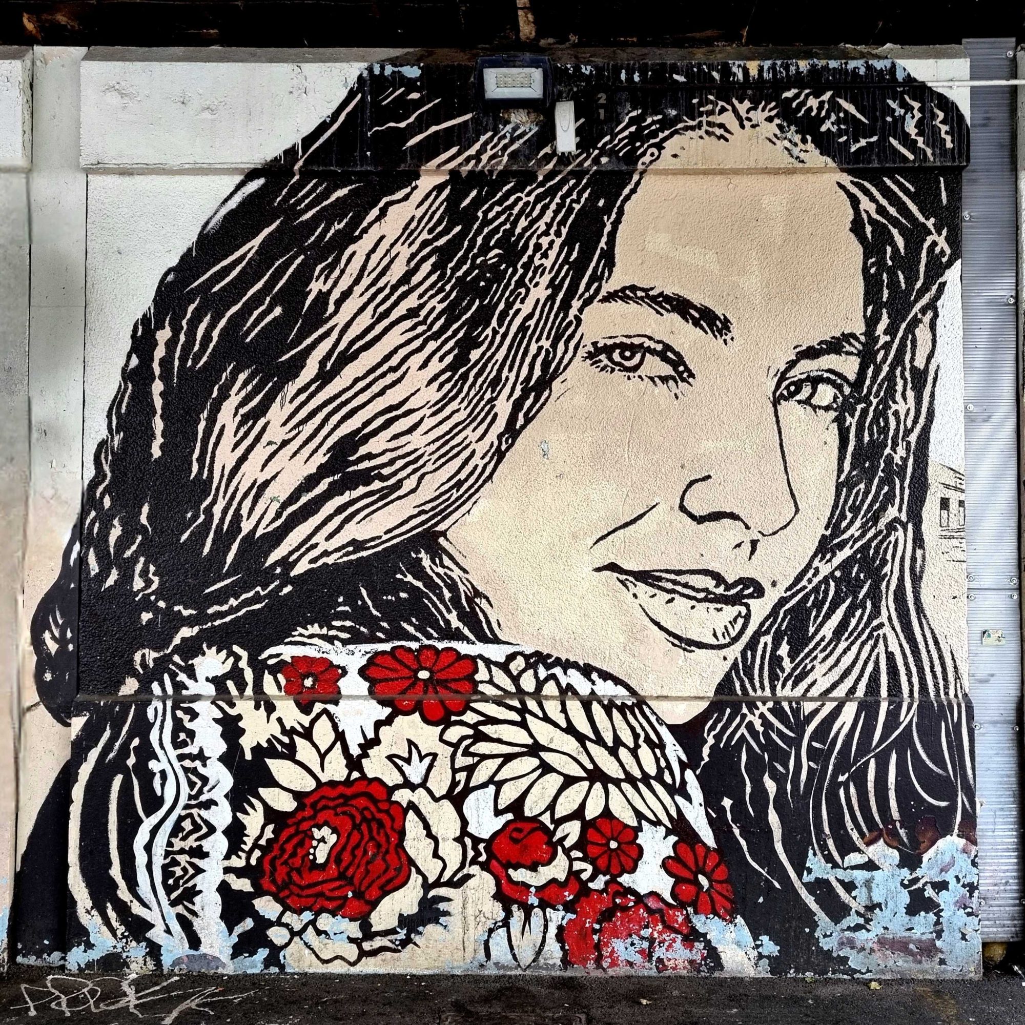 Portrait of Woman with Red Flowers — Street art in Grenoble