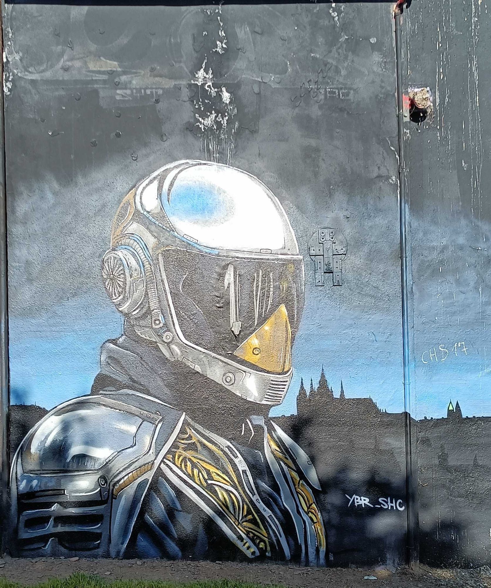 Space Knight over Prague — Street art by YBR in Prague