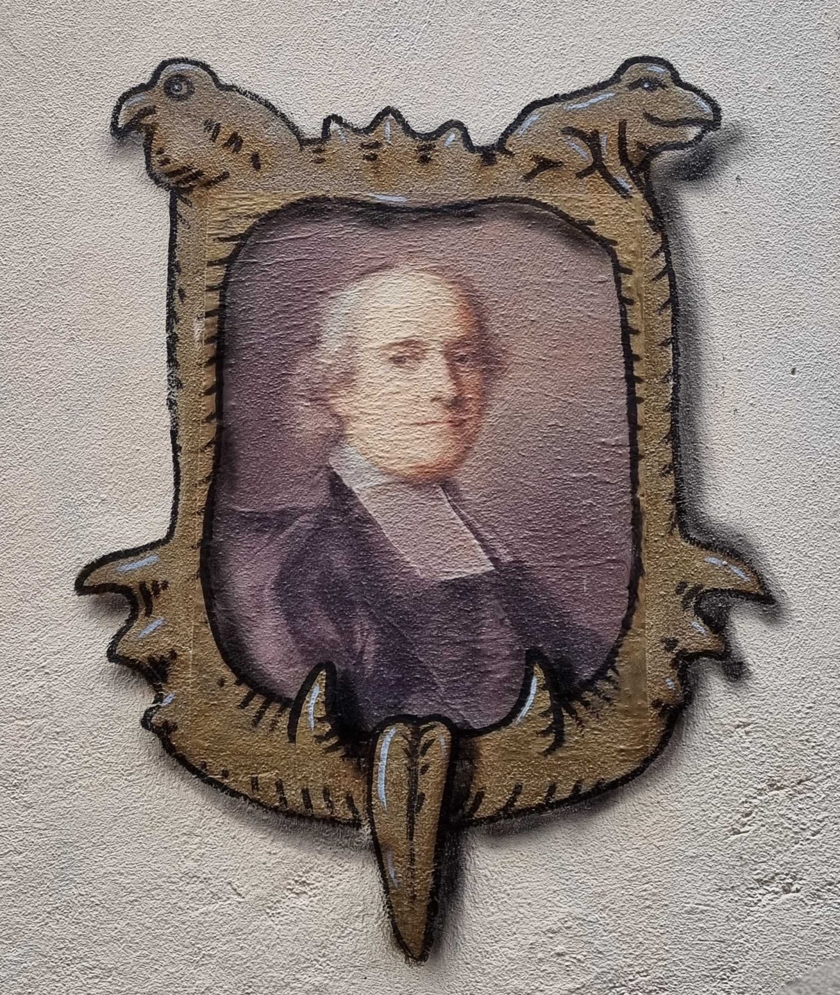 Twin Dragons and Clergyman Portrait — Street art by Codex Urbanus in Clermont-Ferrand