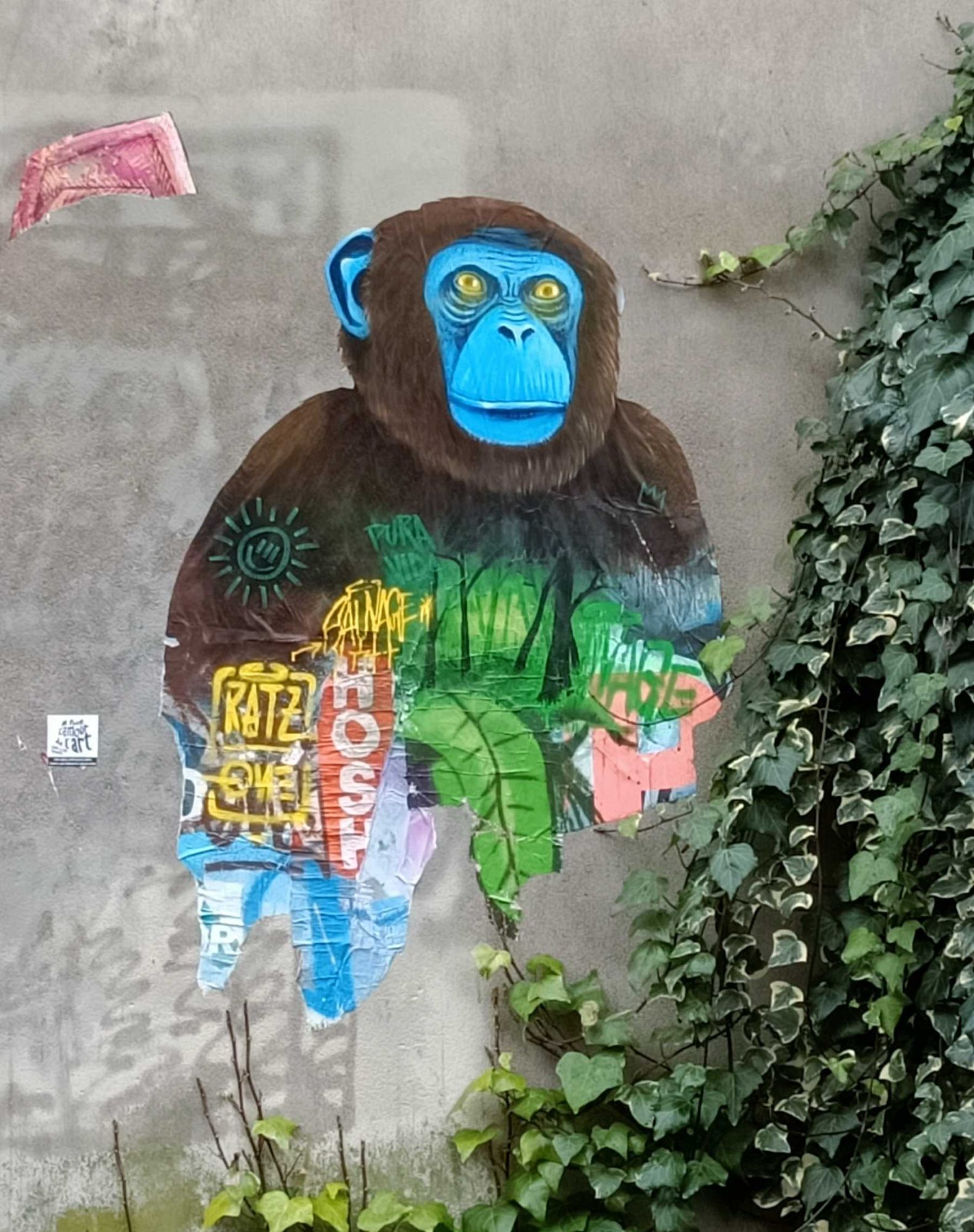 Blue-Faced Chimpanzee over Graffiti Tags — Street art in Nantes