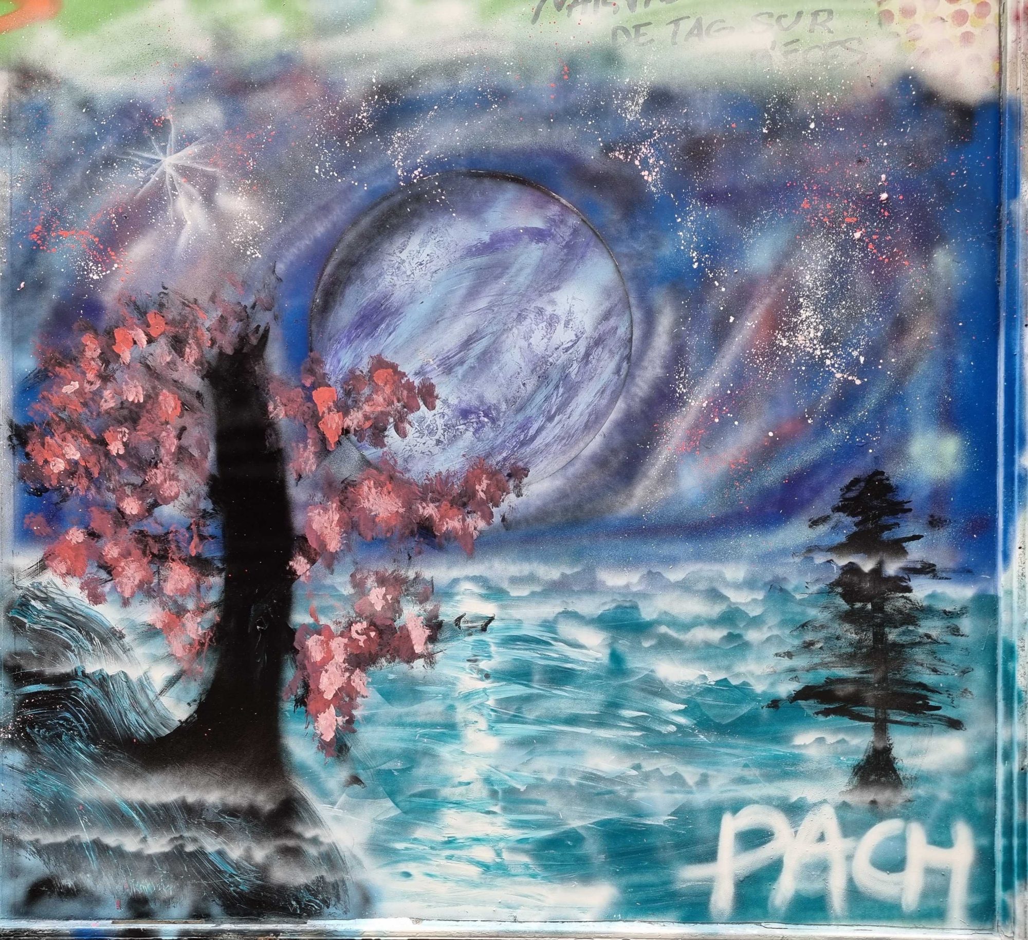 Pach's Blooming Cherry Tree and Planet — Street art in Clermont-Ferrand