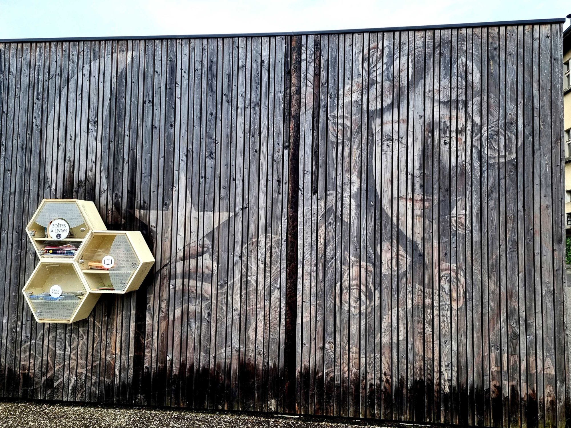 Long-Necked Bird and Hexagonal Boxes — Street art by LPVDA in Le Pont-de-Claix
