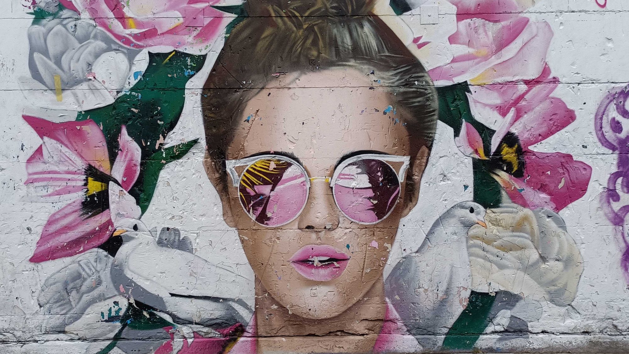 Female Portrait with Pink Sunglasses and Flowers — Street art by Elgee in Berlin