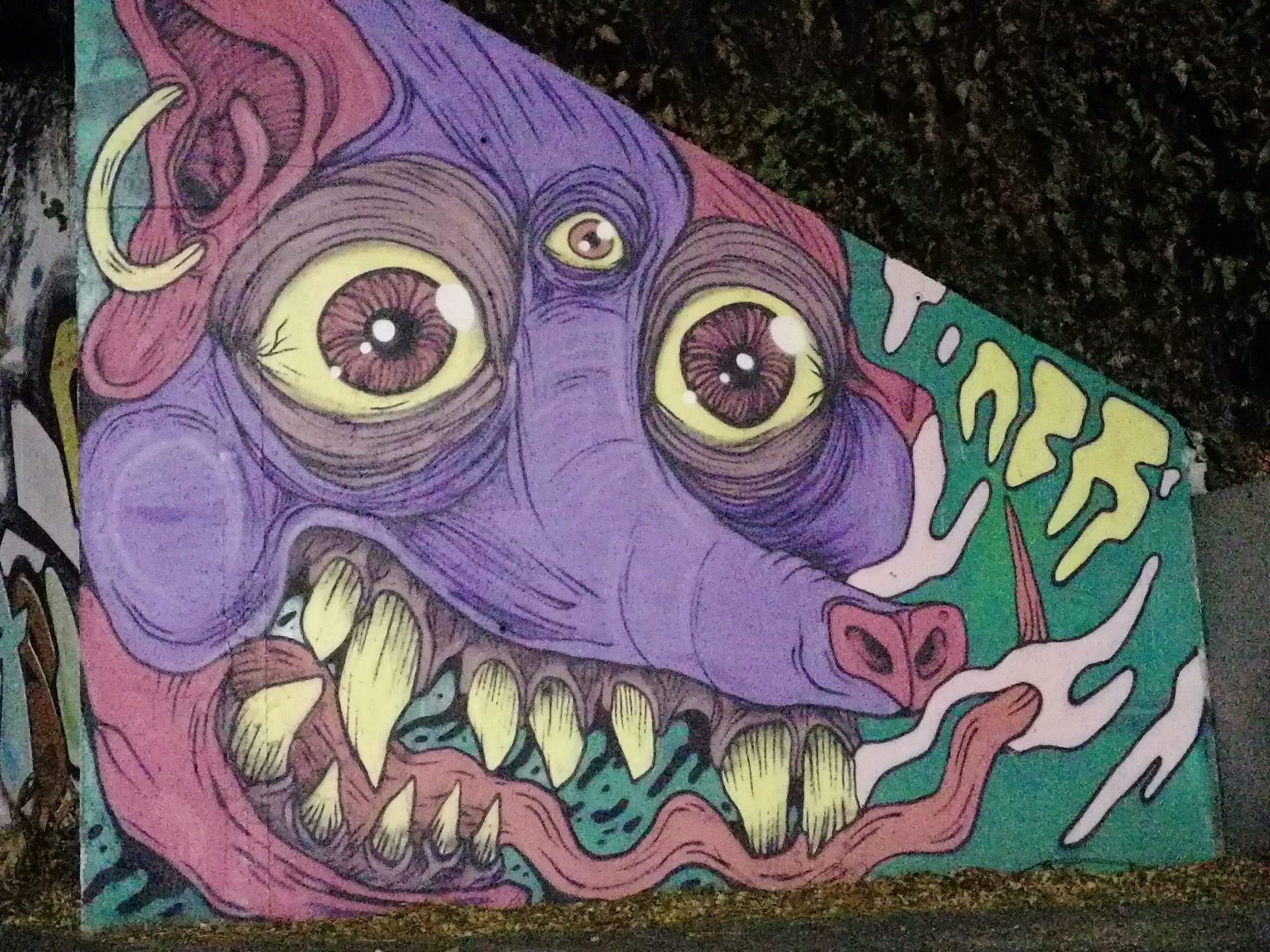 Le monstre violet grimaçant — Street art à Saint-Paul
