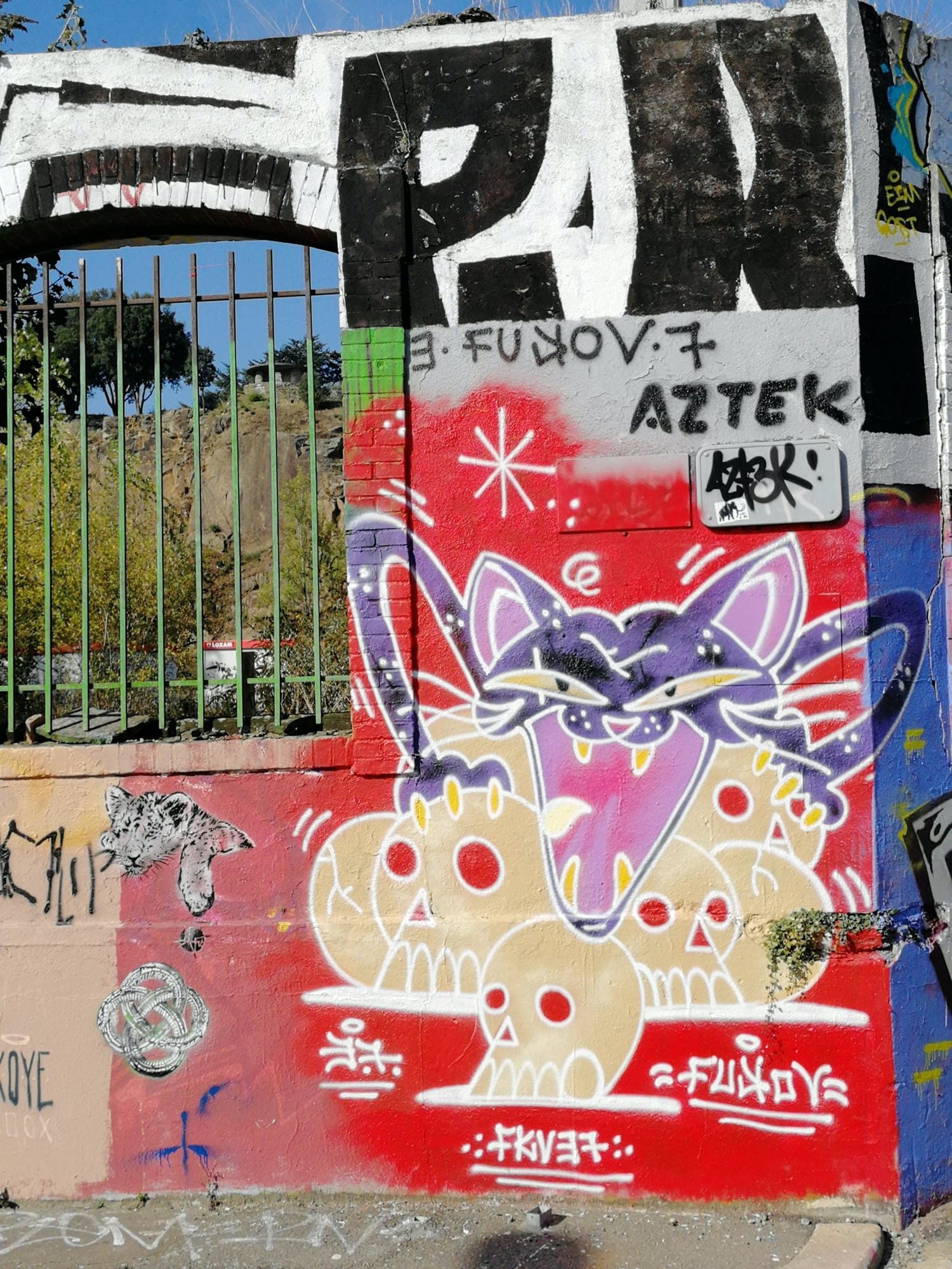 Purple Cat on Skulls — Street art in Nantes