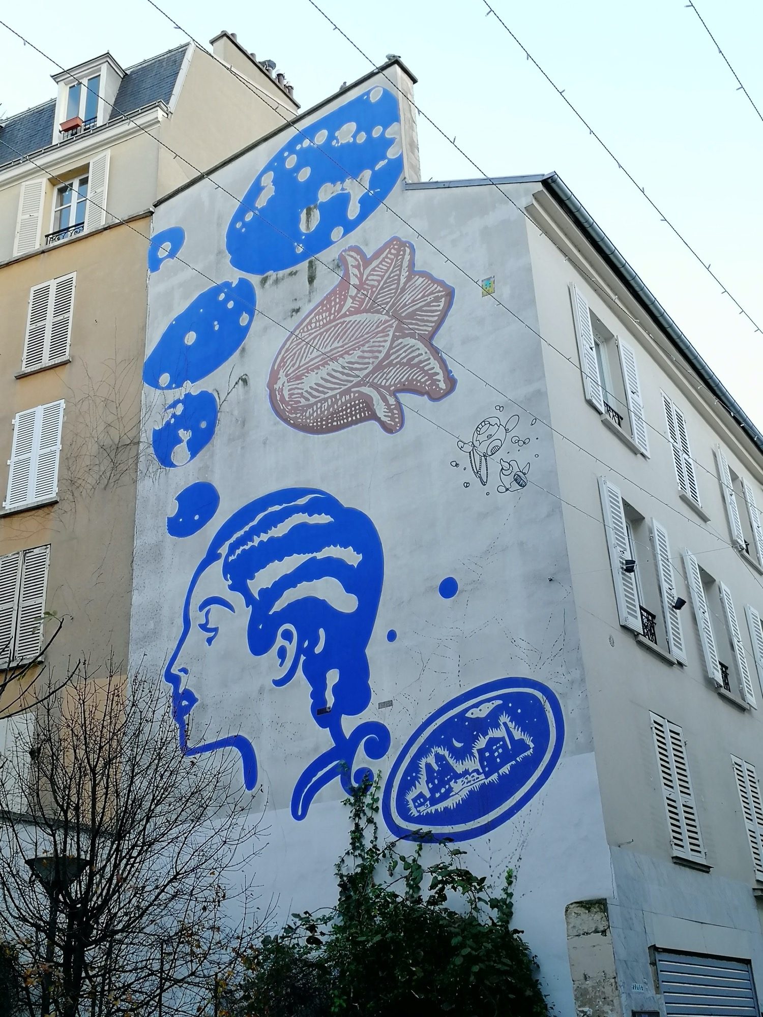 Profil féminin bleu Rue Biot — Street art à Paris