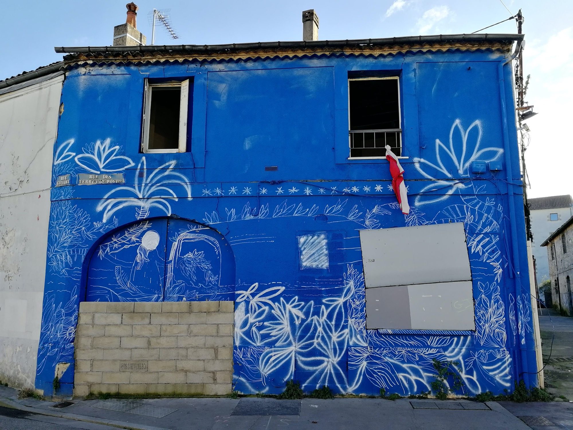 Blue Facade with White Flowers — Street art in Bordeaux