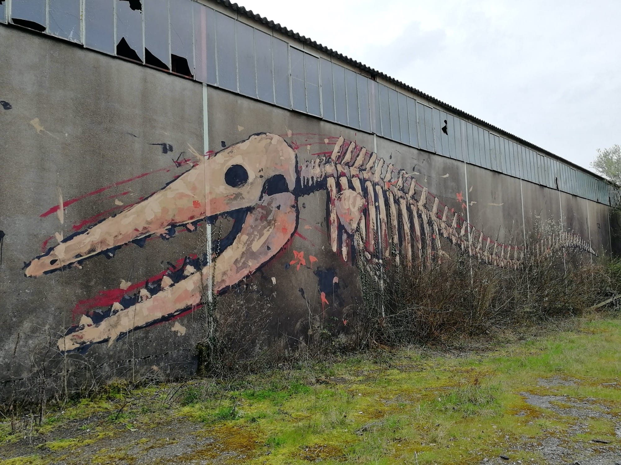 Dinosaur Skeleton on a Warehouse — Street art in Issé