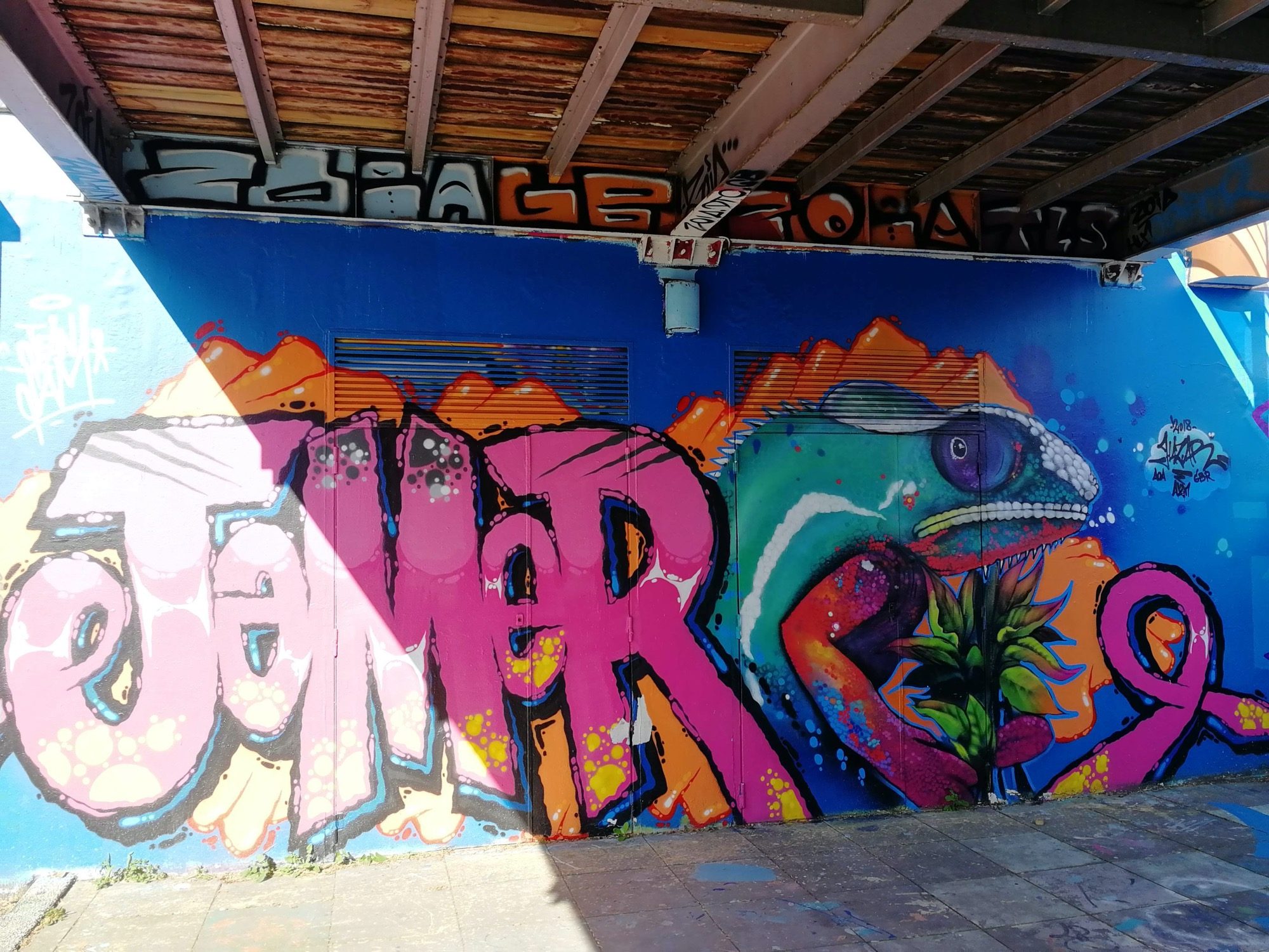 Jamer - lettering fuchsia et personnage — Street art à Angers