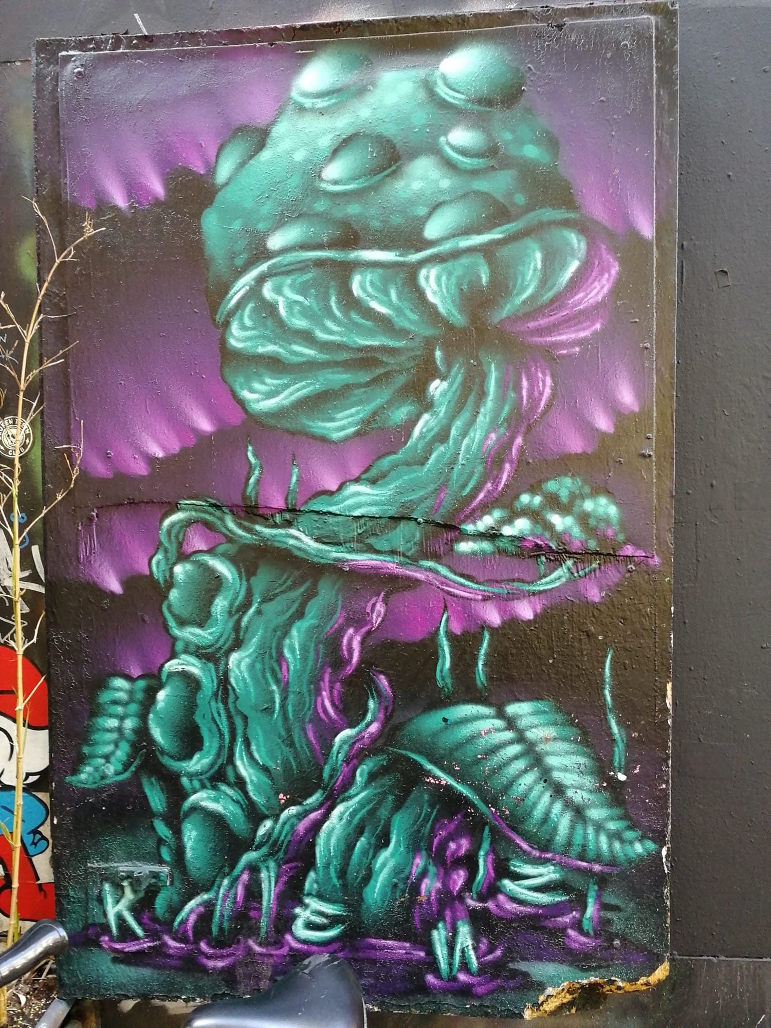 Plante alien turquoise et violette — Street art à Amsterdam