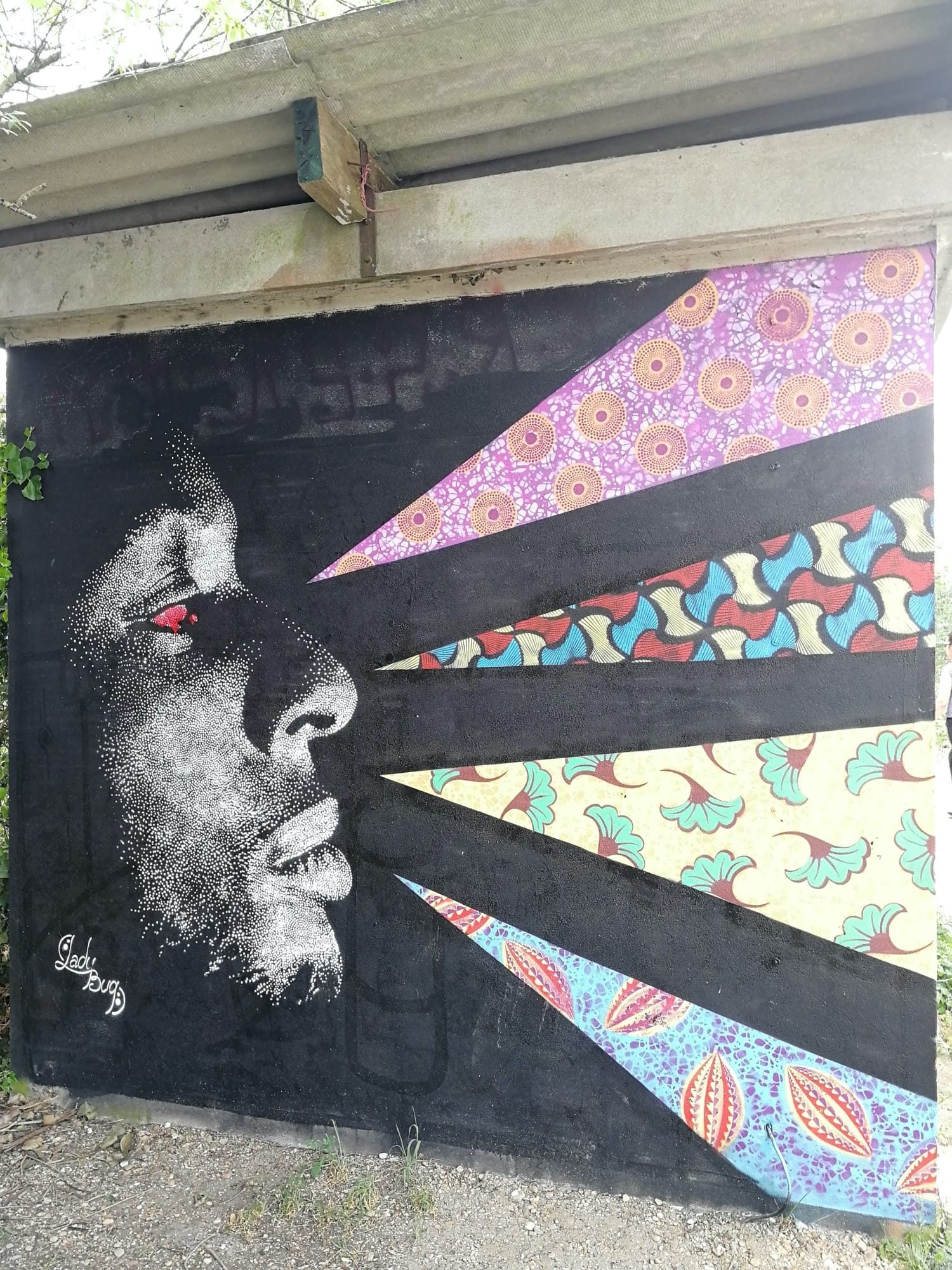 Pointillist Portrait with Colorful Fabrics by Lady Bug — Street art by Lady bug in Rezé