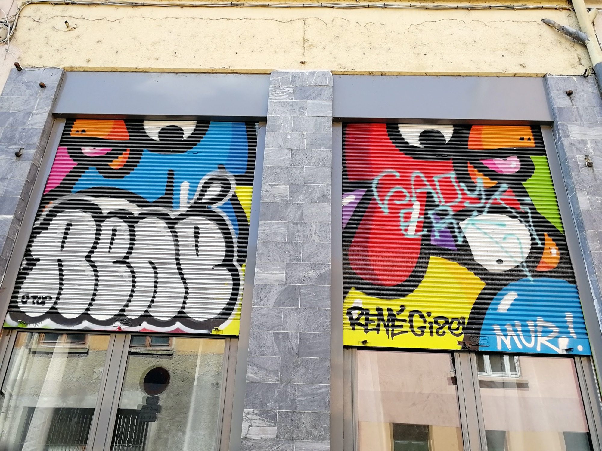 Birdy Kids - Double Shutter with Colorful Characters — Street art by Birdy kids in Lyon