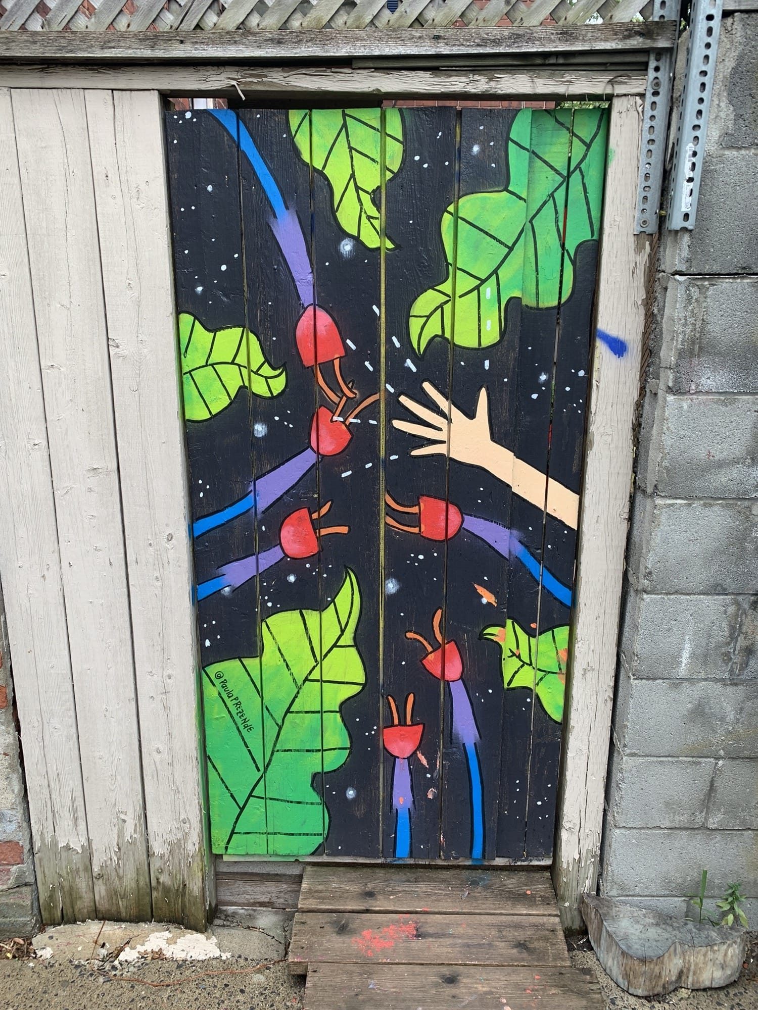 Main et feuillage sur ciel étoilé — Street art à Montréal