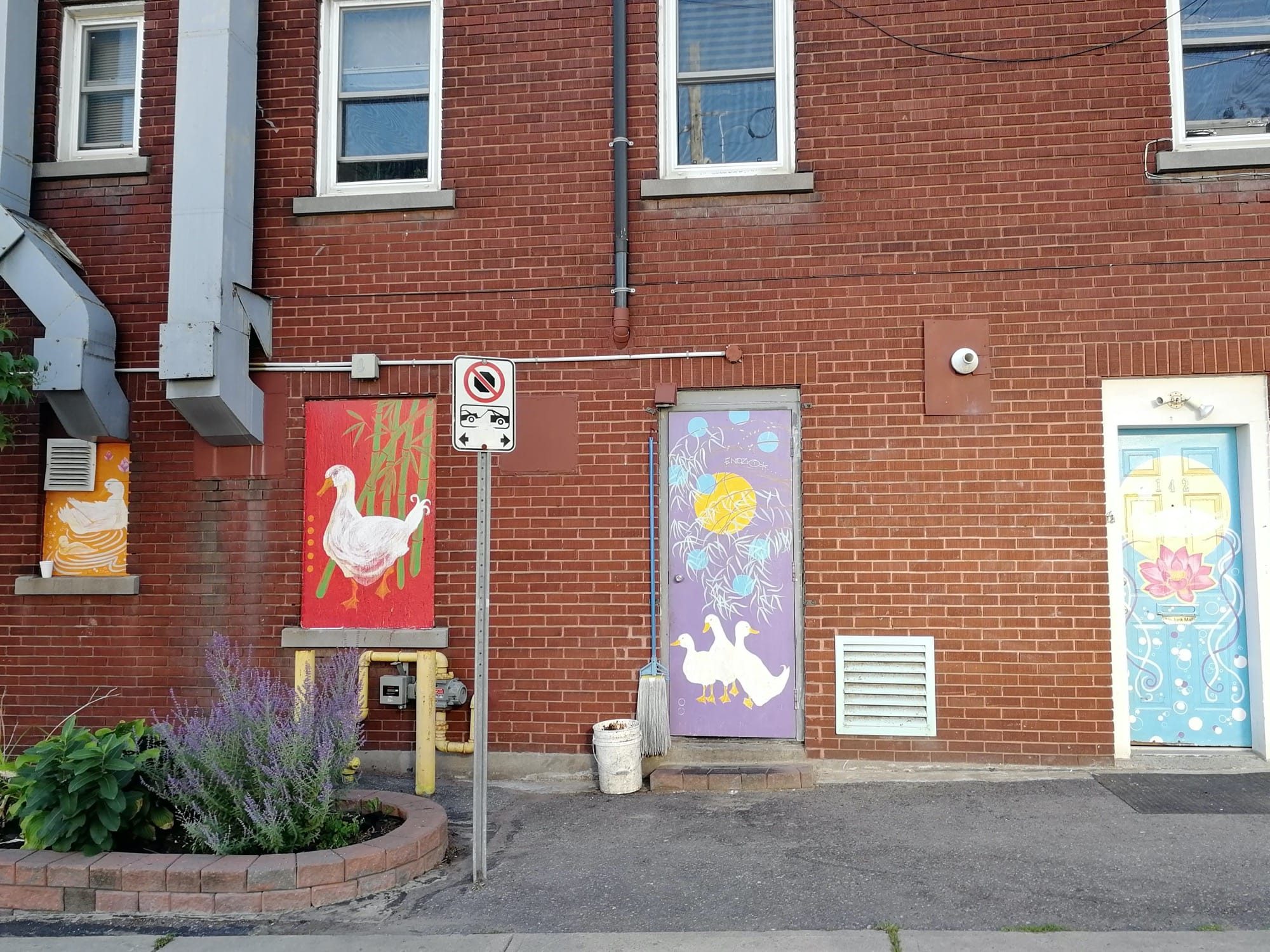 Oies blanches et lotus sur portes peintes — Street art à Ottawa