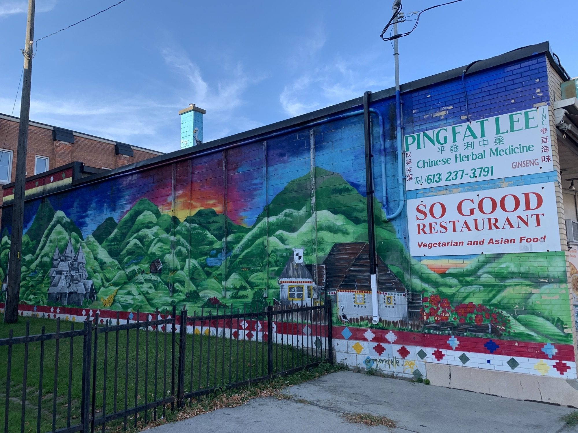 Montagnes vertes et maison au soleil couchant — Street art à Ottawa