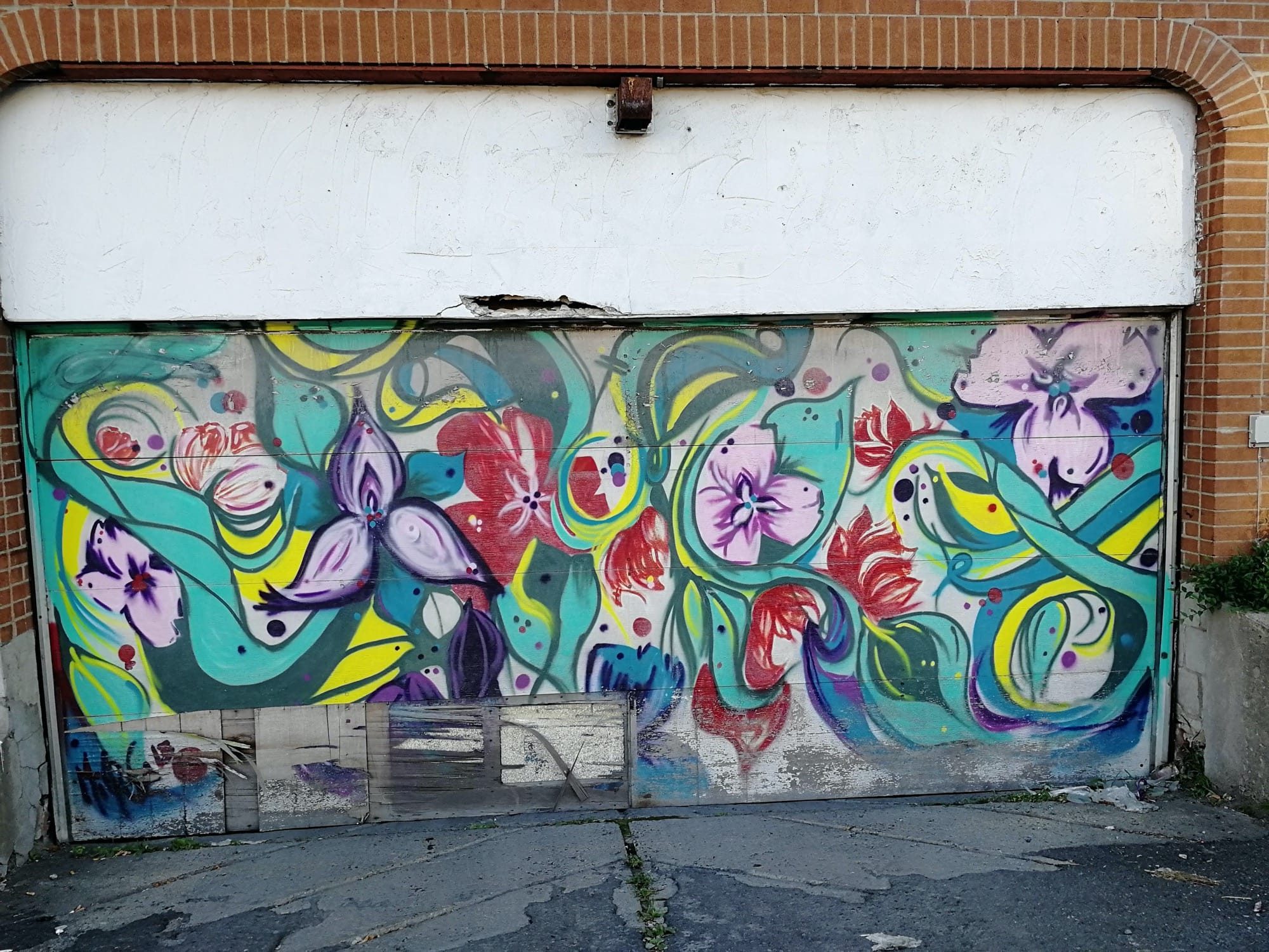 Garage Door with Purple Flowers — Street art in Ottawa