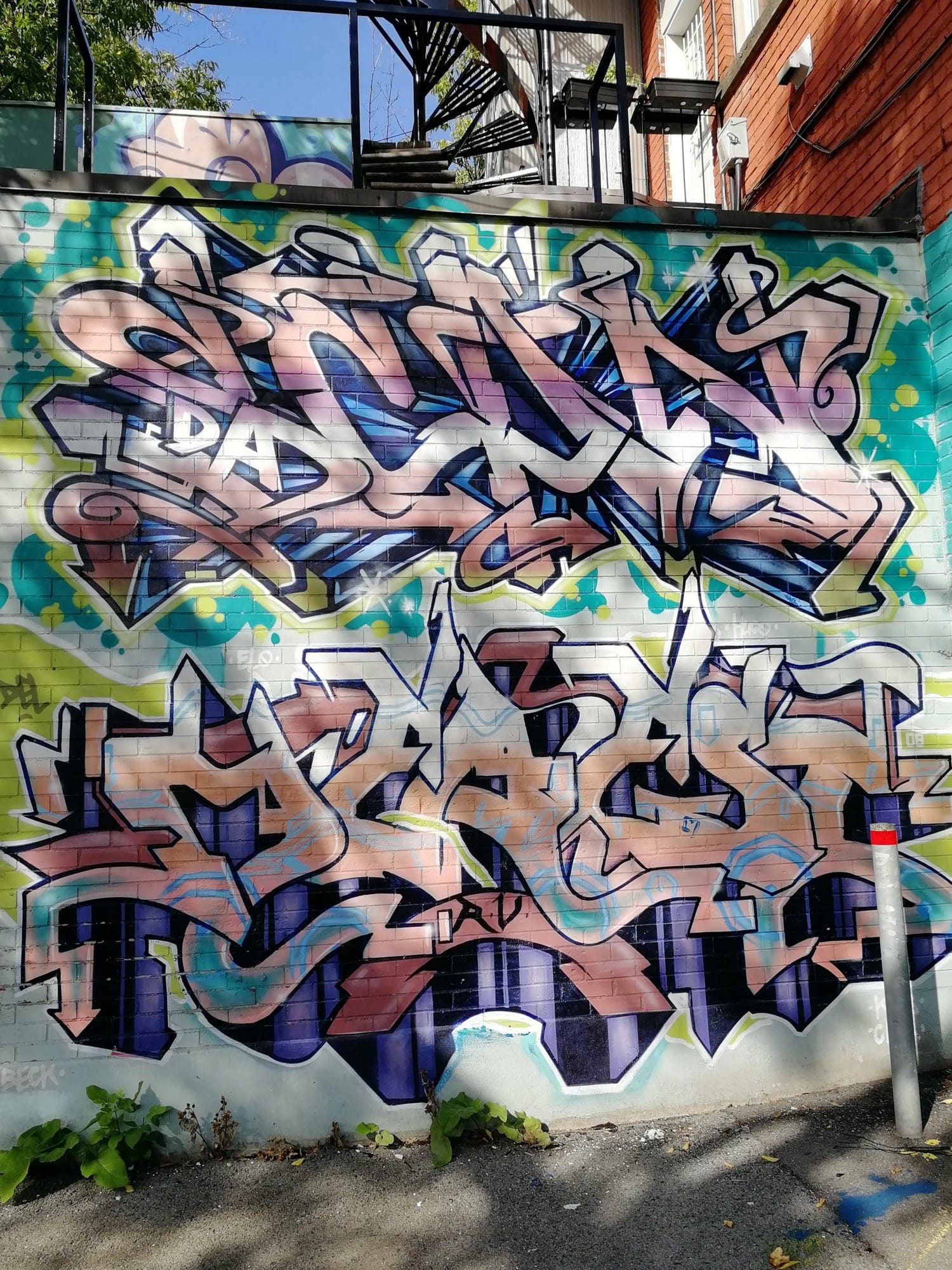 Deux lettrages saumon et lilas — Street art à Montréal
