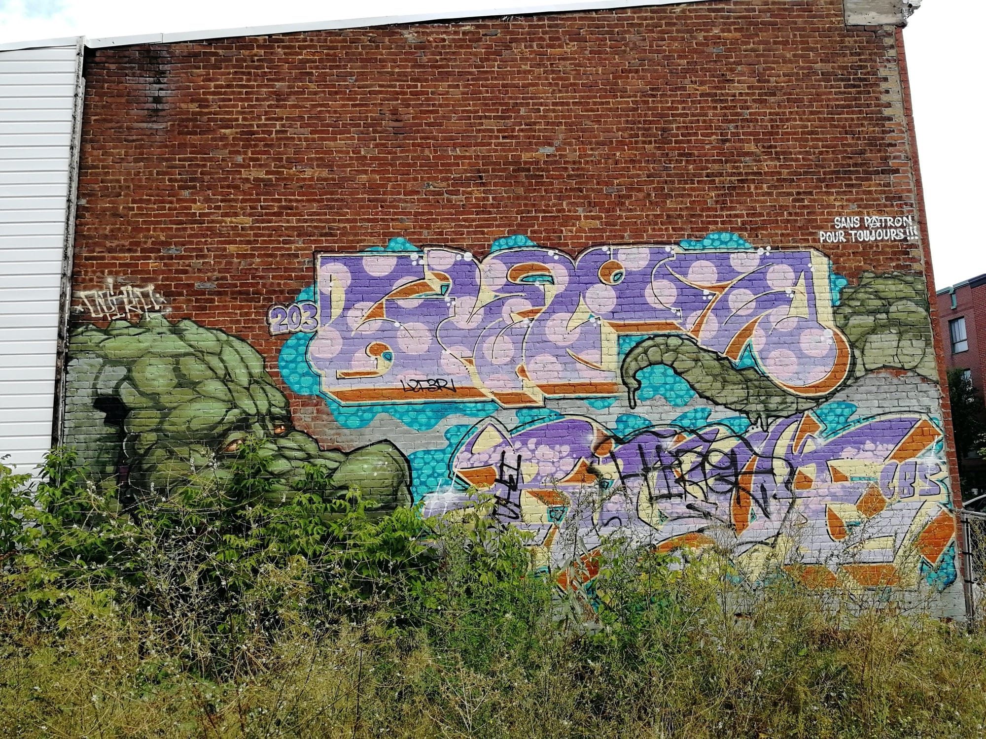 Sans patron pour toujours, the Mauve Letters — Street art in Montréal