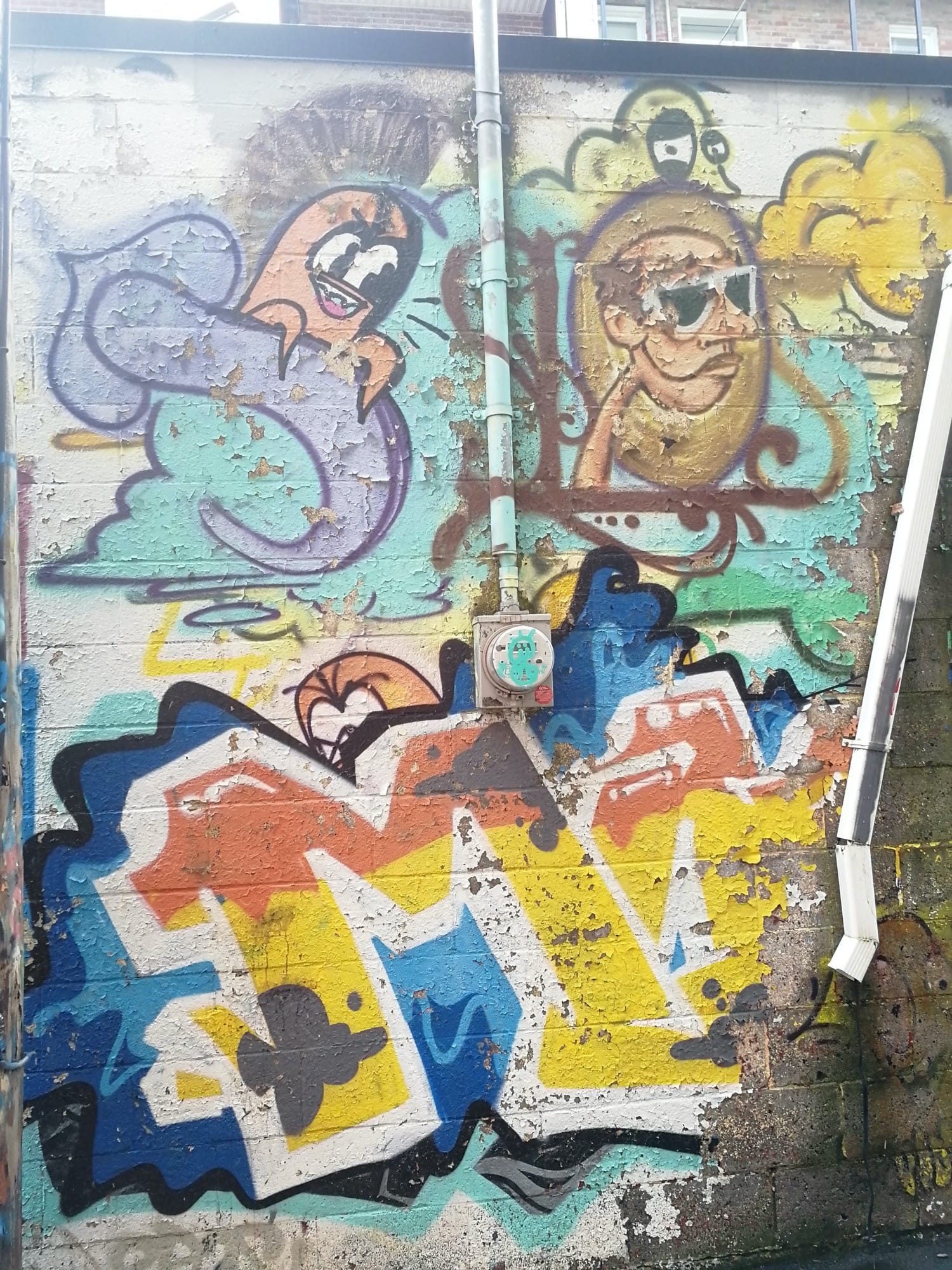The Flaking Wall with Two Heads — Street art in Montréal