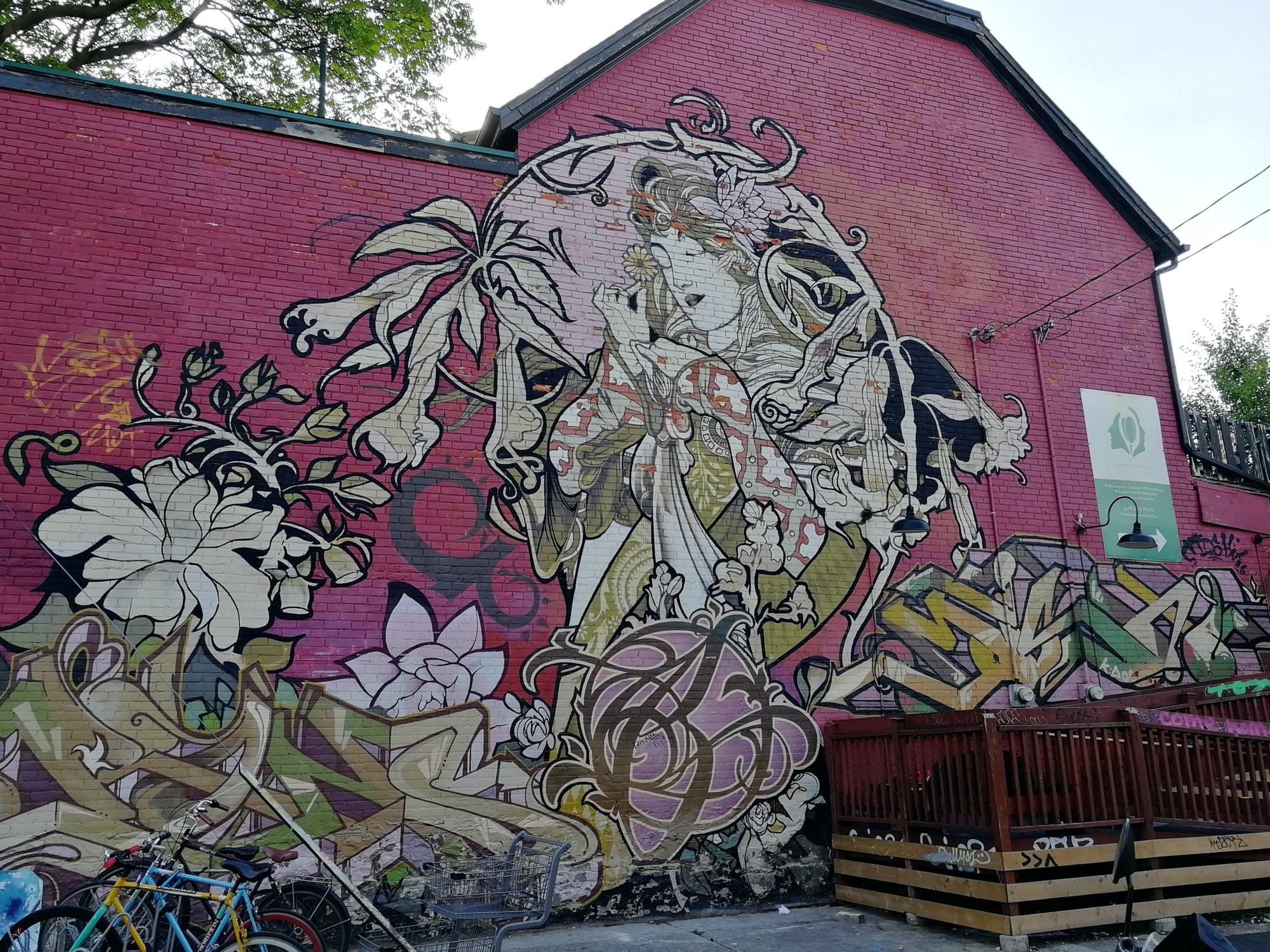 The Woman with Lilies on the Pink Wall — Street art by Ola Volo in Toronto