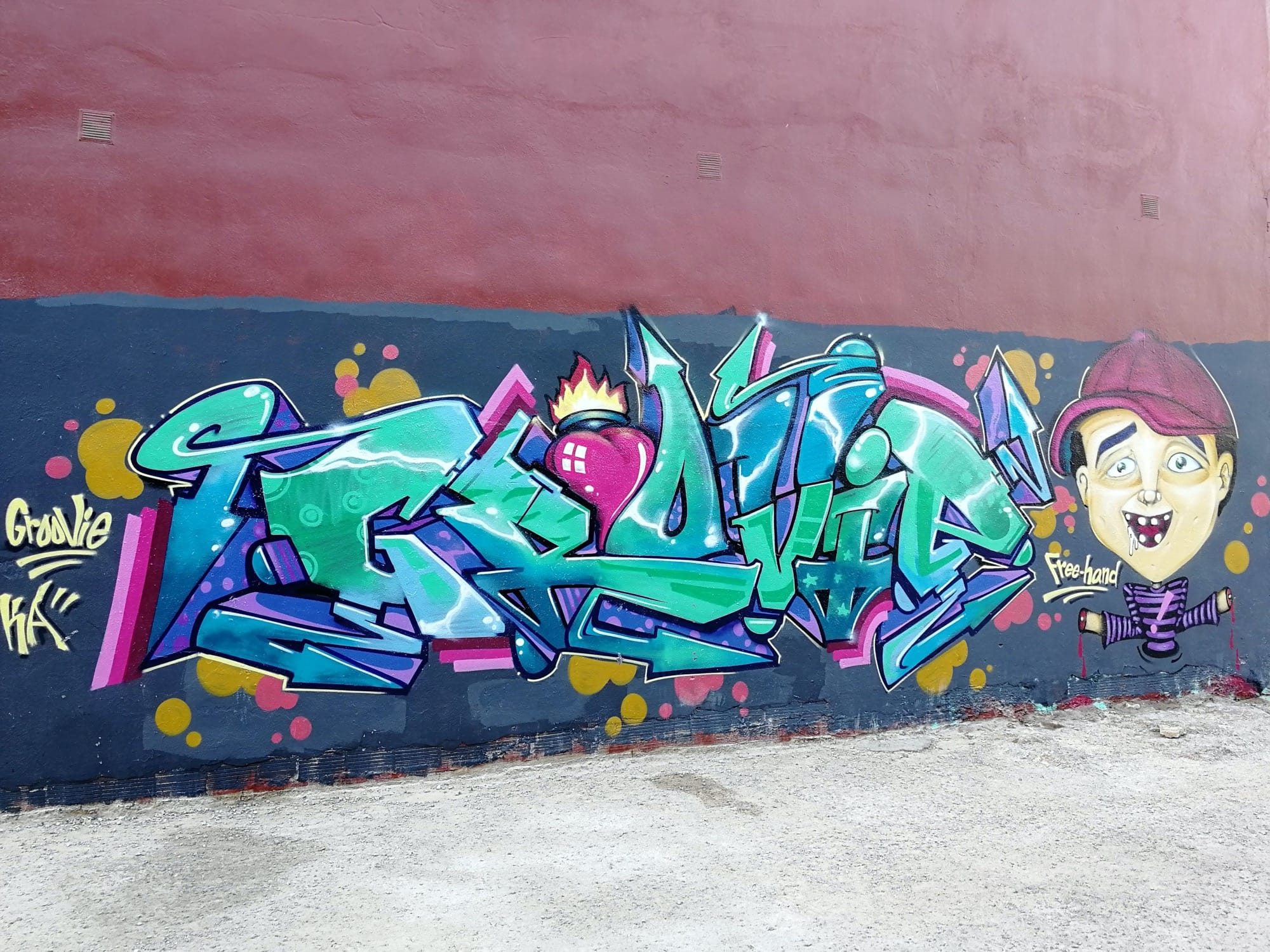 Teal Wildstyle with Character and Flaming Heart — Street art in València