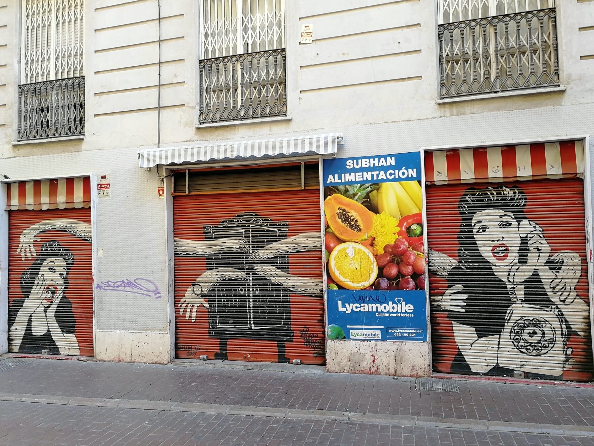 Deux portraits féminins noir et blanc sur rideaux — Street art à València