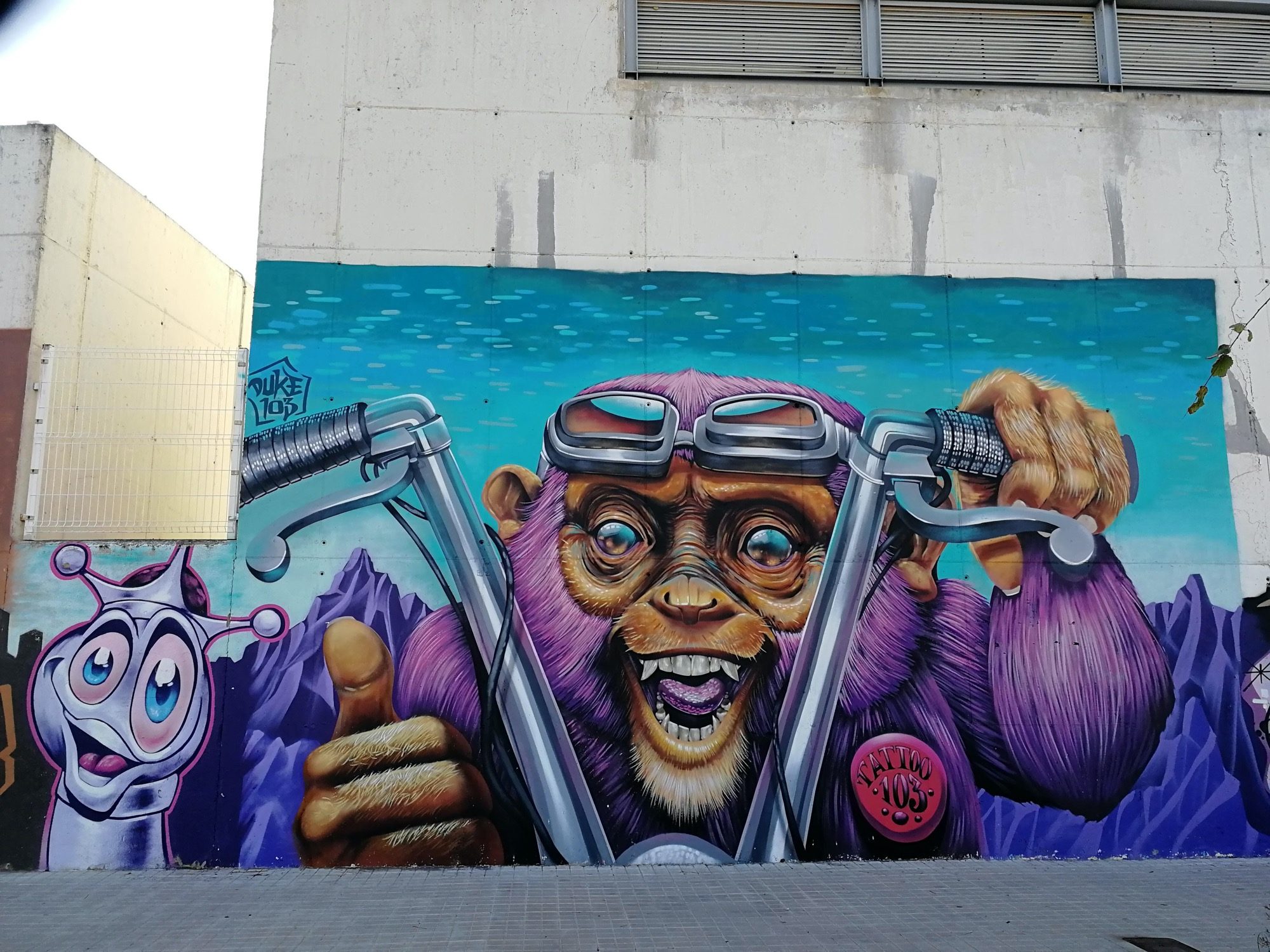 Purple Goggled Monkey Biker - Duke 103 — Street art by Duke 103 in València