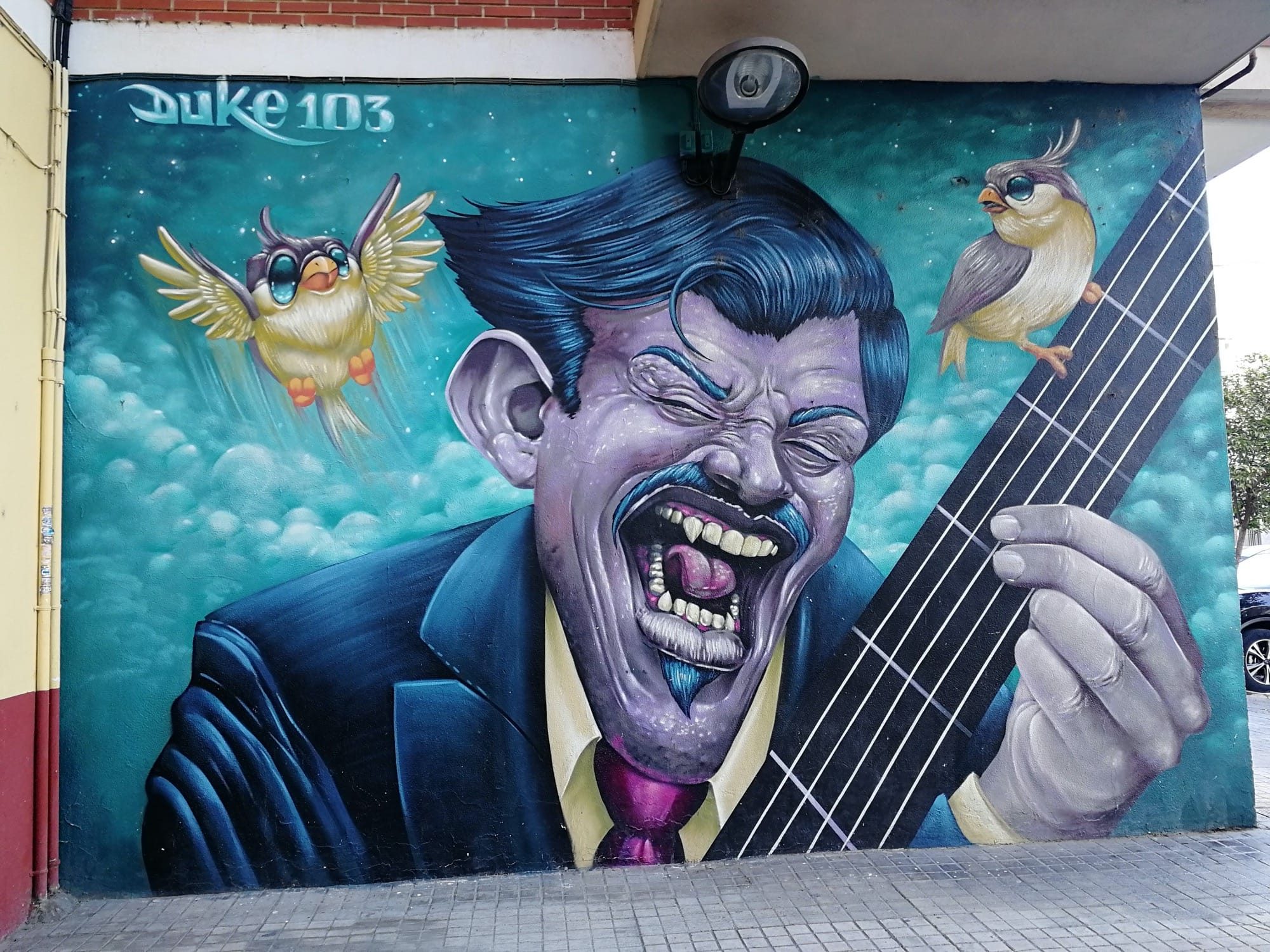 Caricatural Guitarist and Little Birds - Duke 103 — Street art by Duke 103 in València