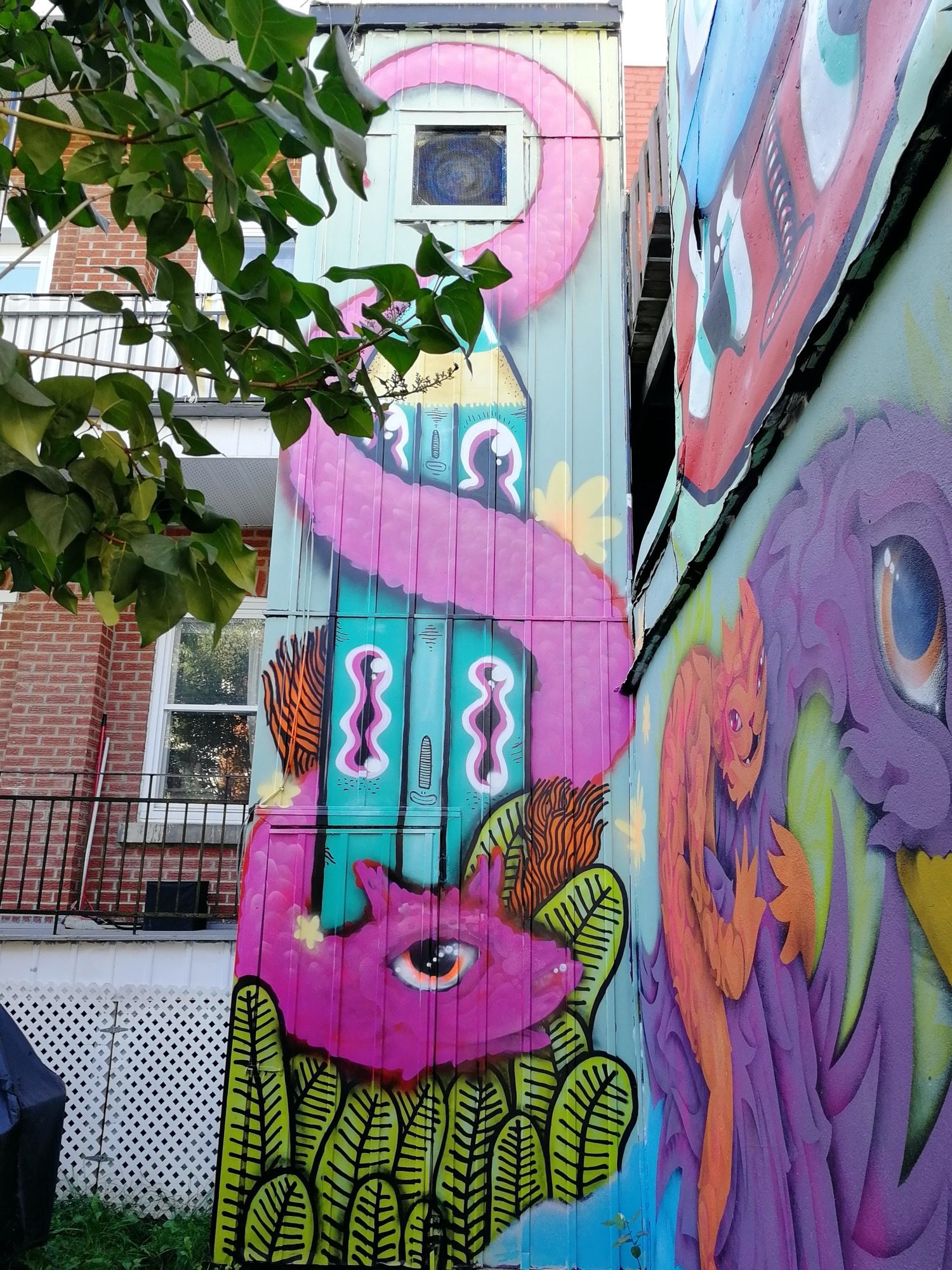 Stylized Pink Fantastic Creature — Street art in Montréal