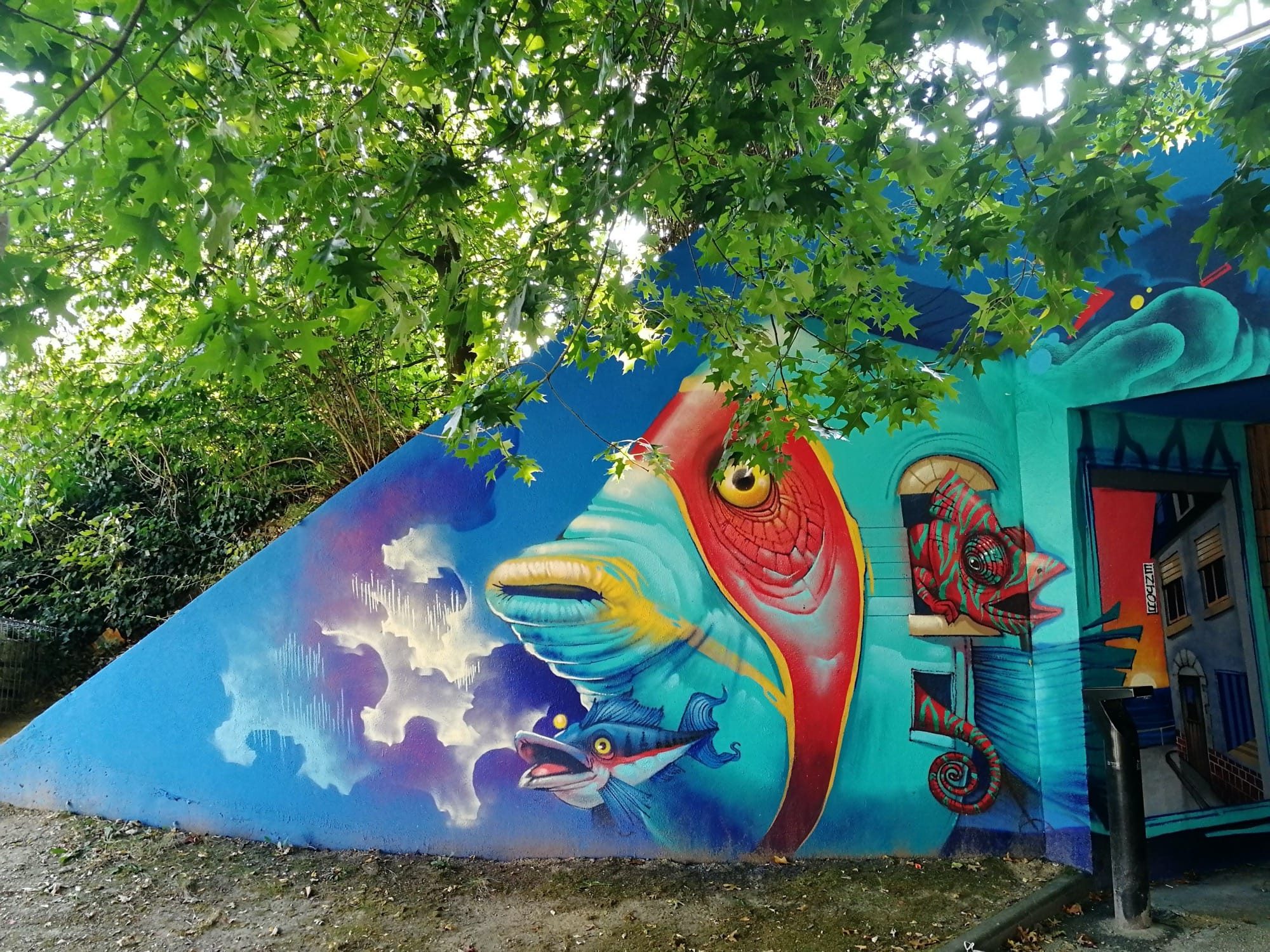Large Blue Creature in the Clouds — Street art by Sitou, Kafé Korsé in Nantes
