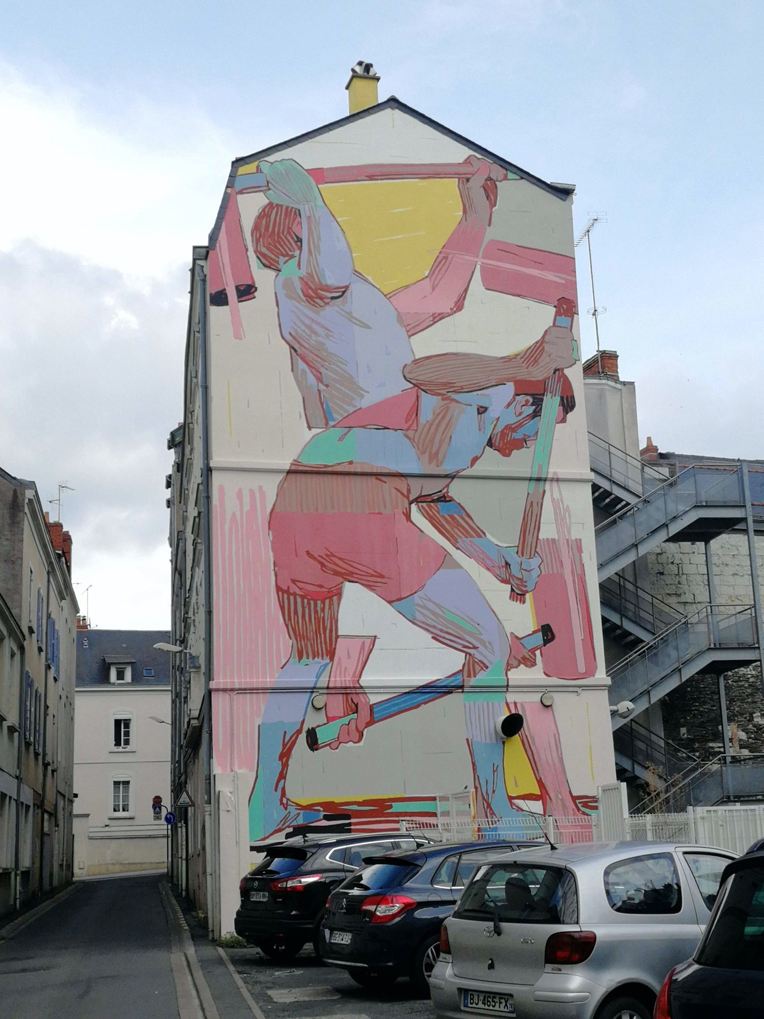 Two Bodies on the Pink Bar — Street art by Aryz in Angers